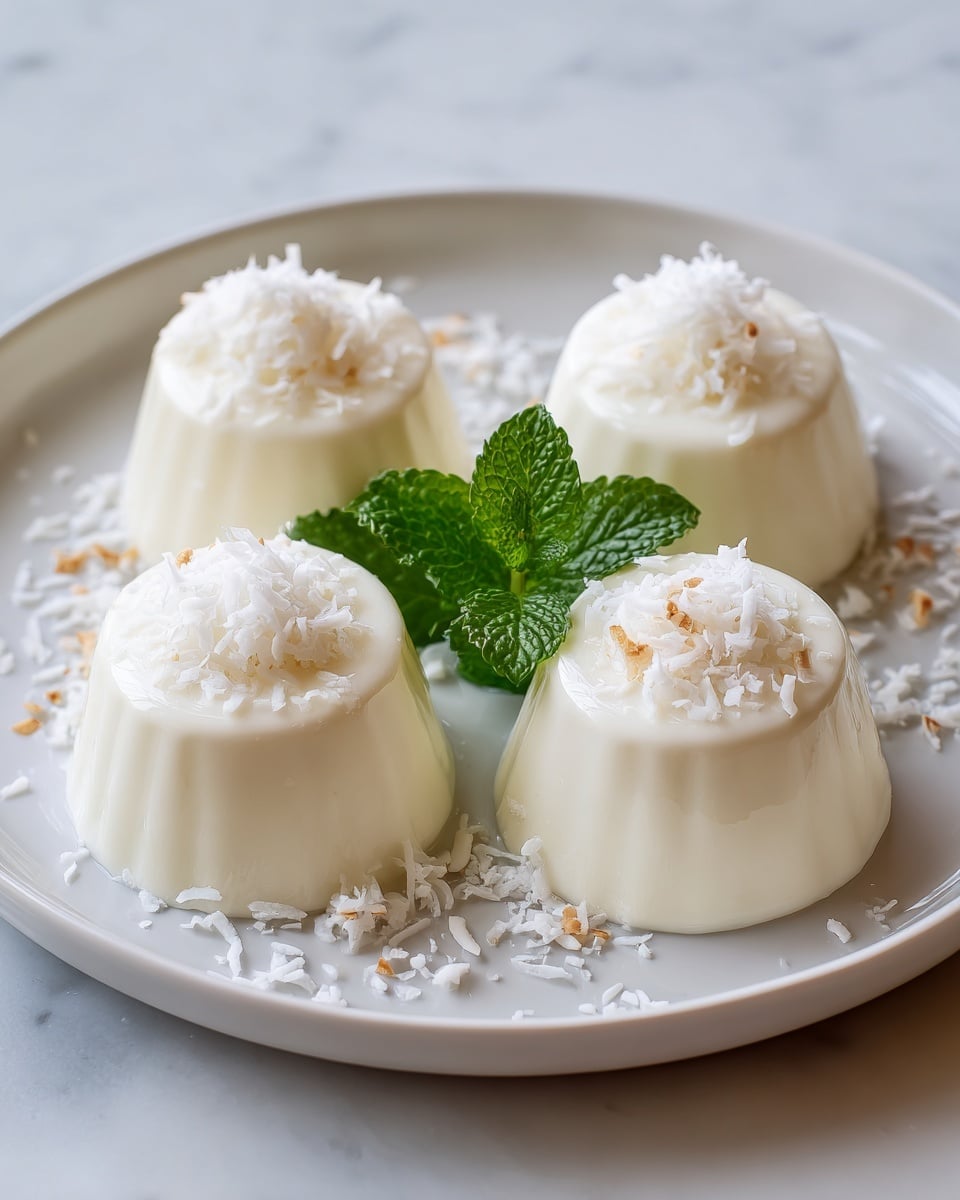 There are four small, smooth, pale green jelly-like desserts arranged in a circle on a white plate with a slightly raised edge. Each dessert is cup-shaped with a flat top, topped with a small mound of finely shredded white coconut. In the center of the circle is a fresh green mint leaf cluster, adding a touch of bright color. Some extra shredded coconut is scattered loosely around the plate on a white marbled surface, creating a light contrast to the desserts. The overall look is clean and fresh. photo taken with an iphone --ar 4:5 --v 7