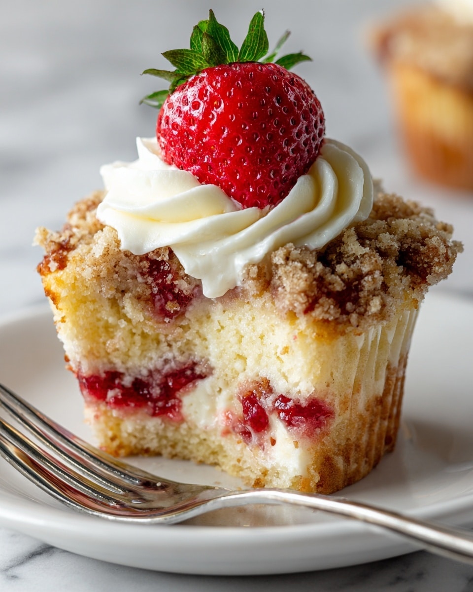 The image shows a close-up of a crumb-topped muffin on a white plate with a white marbled texture surface. The muffin has three main layers: the bottom layer is light beige cake with bits of red strawberry mixed inside; the middle layer is a thick, red strawberry jam filling visible through a bite taken out of the muffin; the top layer is a golden-brown crumb topping sprinkled with darker brown cinnamon bits. On top of the crumb layer, there is a dollop of smooth, creamy white frosting, crowned with a whole bright red strawberry with green leaves. In the background, blurred similar muffins can be seen. A silver fork is partly visible beside the plate. photo taken with an iphone --ar 4:5 --v 7