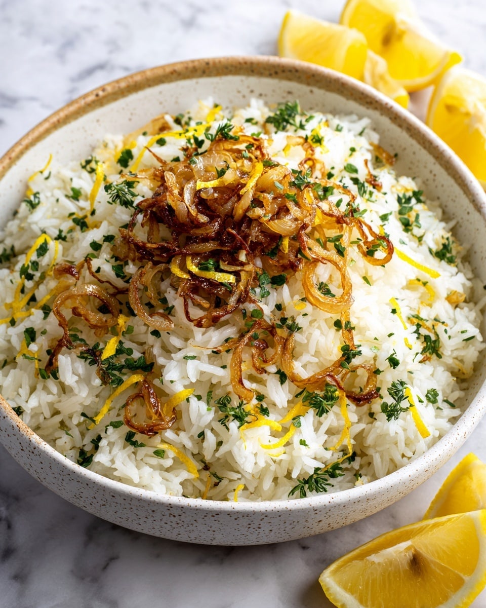 The image shows a white speckled shallow bowl filled with a single layer of fluffy white rice mixed with finely chopped green herbs and thin yellow lemon zest strands. On top, there is a scattering of golden-brown caramelized onion slices with a slightly crispy texture. In the background on the white marbled surface, there are two yellow lemon wedges, one partially out of the frame. The overall look is fresh and vibrant with a mix of soft white rice, bright greens, and warm brown onions. Photo taken with an iphone --ar 4:5 --v 7