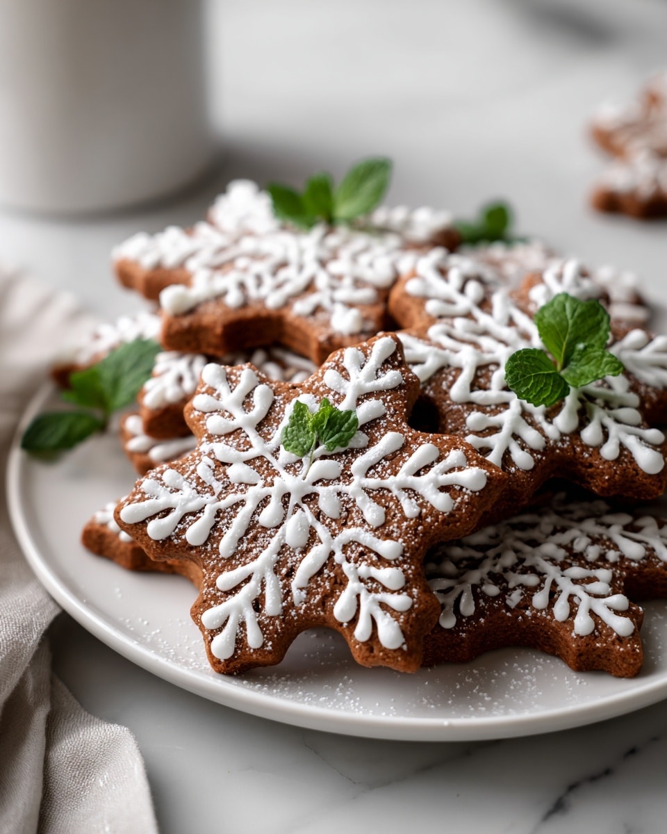 The image shows a white plate with a pile of gingerbread cookies shaped like snowflakes. Each cookie has two to three visible layers with a deep brown color and a slightly textured surface. On top of each cookie, there is white icing carefully piped to create intricate snowflake patterns, accented by small dots and teardrop shapes. The cookies are lightly dusted with powdered sugar, enhancing their festive look. Bright green mint leaves are placed sporadically among the cookies, adding a fresh pop of color. The plate sits on a white marbled surface, with a blurred white cup seen in the background. photo taken with an iphone --ar 4:5 --v 7