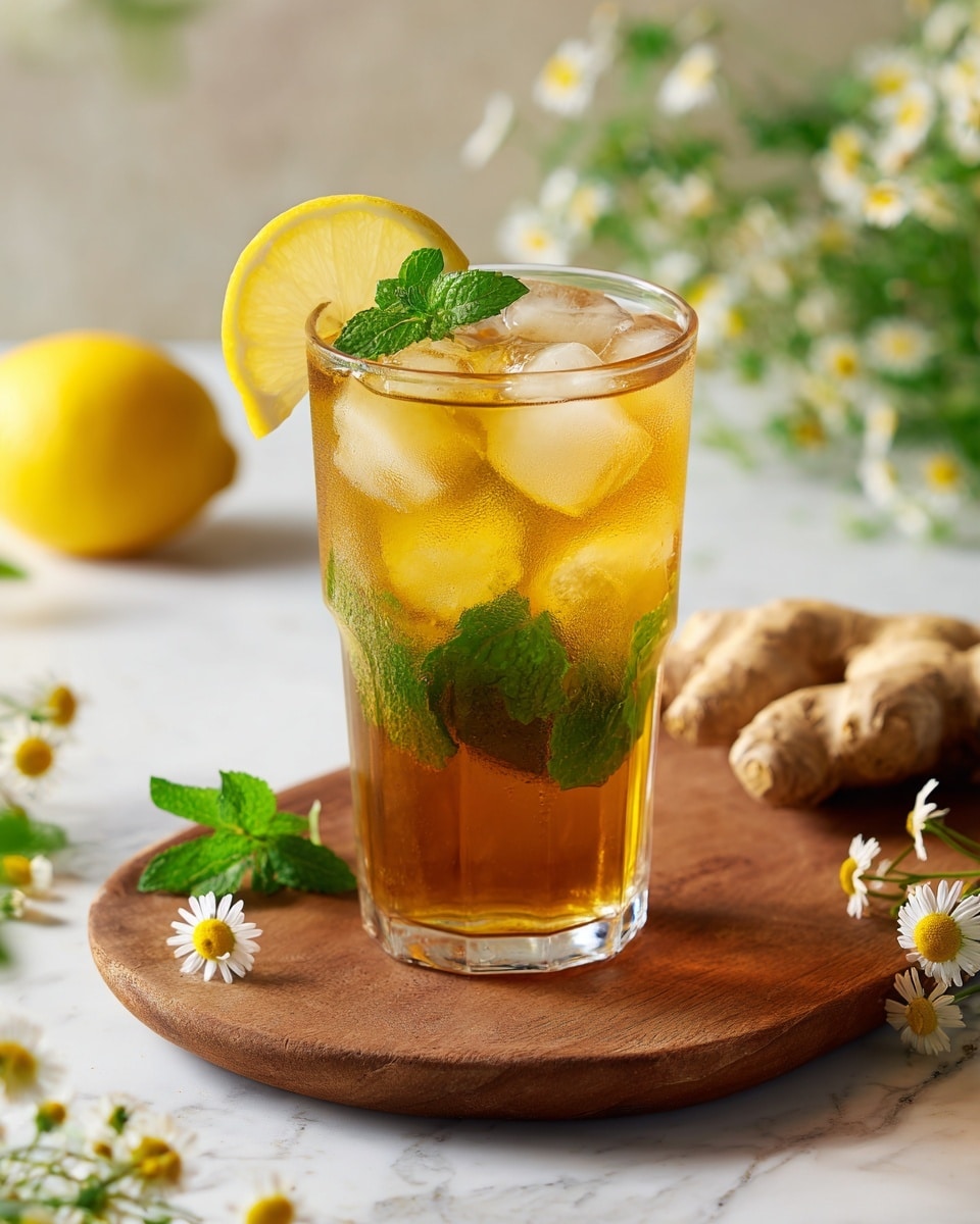 A clear glass holds a cold orange-yellow drink with floating ice cubes and green mint leaves inside. A bright yellow lemon wedge is placed on the glass rim as a garnish. The glass sits on a light wooden round board, which is placed on a white marbled surface. Around the glass, there are fresh ginger roots, lemon halves, green leaves, and small white flowers adding to the fresh look. The background is softly blurred with warm, light colors. photo taken with an iphone --ar 4:5 --v 7