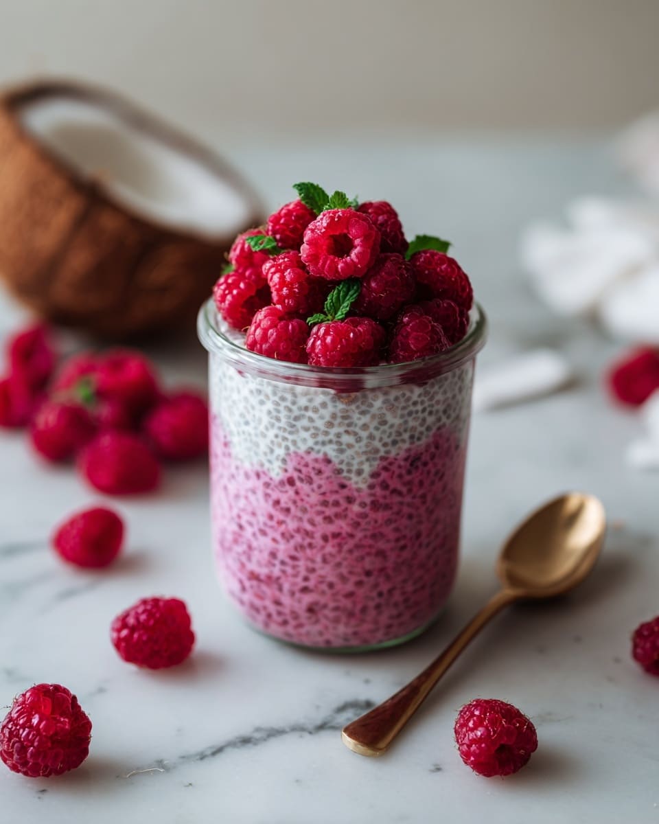 A clear glass jar filled with three layers of pink raspberry coconut chia pudding that has visible chia seeds and embedded whole raspberries inside. The pudding is topped with a small cluster of fresh bright red raspberries with green leaves, adding a fresh touch. The jar sits on a white marbled surface with more raspberries scattered around and a spoon and coconut half slightly blurred in the background. The texture of the pudding looks creamy with the chia seeds creating a speckled pattern throughout. Photo taken with an iphone --ar 4:5 --v 7