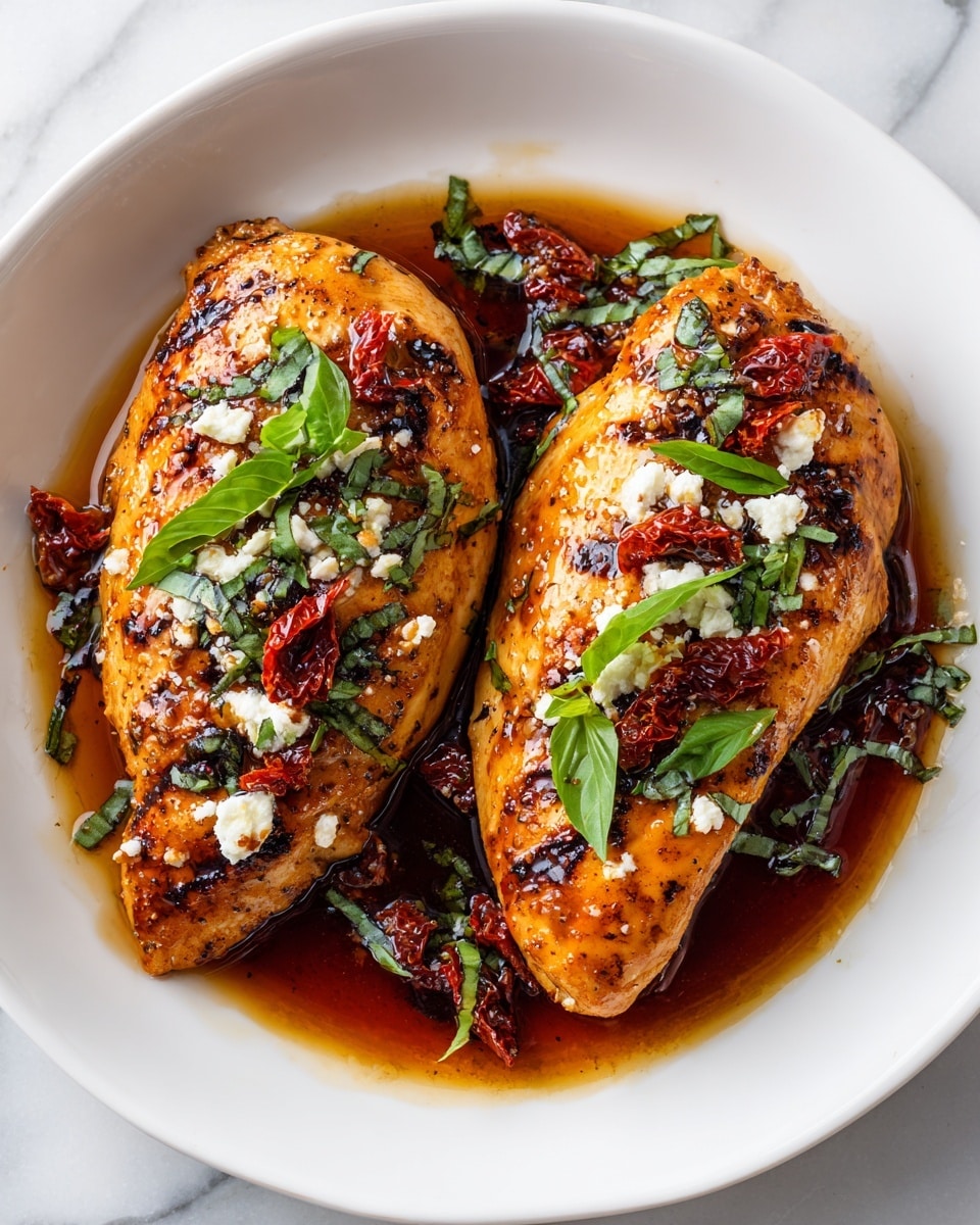 The image shows two grilled chicken breasts placed side by side on a white plate. The chicken has a shiny, glazed brown surface with grill marks, giving the texture a slightly charred look. On top of each chicken breast, there are scattered chunks of red roasted bell peppers and small white crumbles that look like cheese. Fresh green basil leaves are spread over the chicken, adding a pop of color. A dark brown sauce partly covers the plate's surface, pooling around the chicken. The background is a white marbled texture. photo taken with an iphone --ar 4:5 --v 7