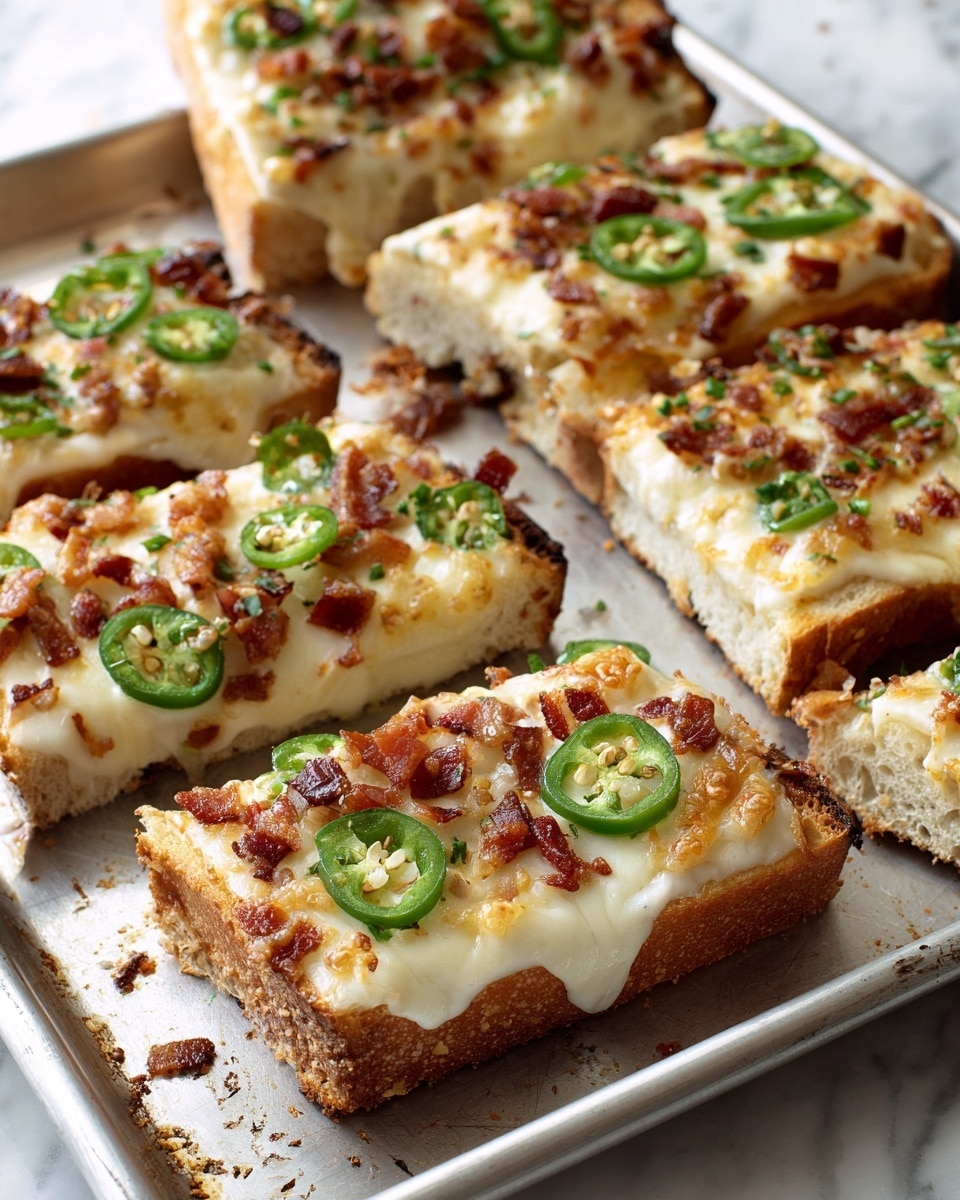 The dish shows slices of toasted bread with one main thick layer of melted white cheese covering the surface, topped with green jalapeño slices and small pieces of cooked pink bacon scattered unevenly. The bread has a golden brown crust with a soft and slightly crumbly texture interior. The slices are placed close together on a metal baking tray with crumbs around them, all set on a white marbled surface. The image is a close-up focused on the front slices, showing the textures and colors vividly. Photo taken with an iphone --ar 4:5 --v 7