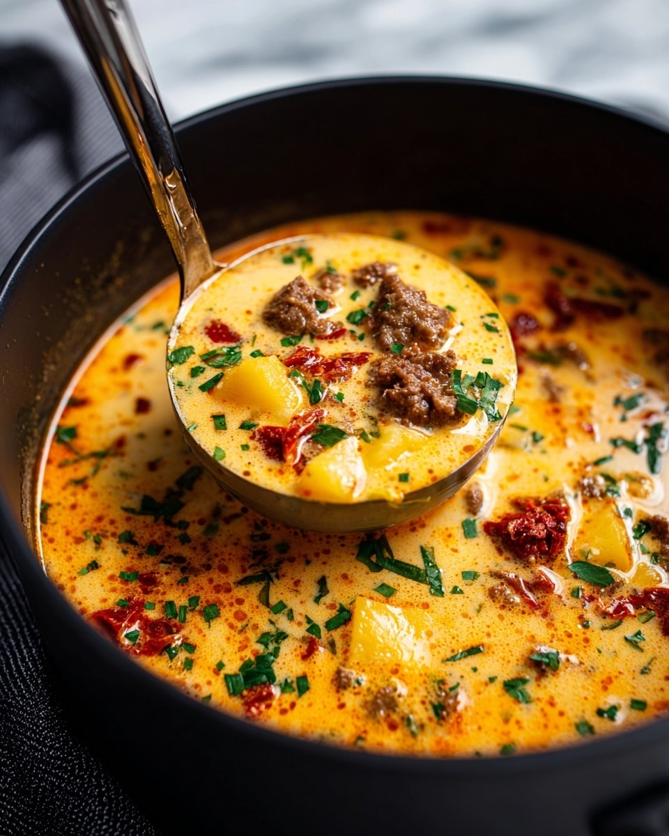 A thick creamy soup is shown in a large black pot, filled with several layers of ingredients. The base is an orange-beige creamy broth, with chunks of pale yellow potato pieces scattered throughout. Ground brown meat is mixed in evenly, along with bits of bright red sun-dried tomatoes and small green herb flecks. A metal ladle is scooping the soup near the center, showing a close-up of the same mix of ingredients and textures. The background is a white marbled texture. photo taken with an iphone --ar 4:5 --v 7