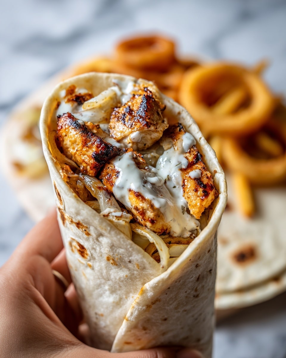 The image shows a close-up of a white tortilla wrap held by a woman's hand, filled with grilled, golden-brown chicken pieces topped with drizzled white creamy sauce. The chicken looks juicy and slightly charred, adding texture and warmth to the wrap. In the background, there are some white tortillas stacked, slices of red tomatoes, rings of light purple onion, and some fries on a silver foil, all placed on a white marbled surface. photo taken with an iphone --ar 4:5 --v 7