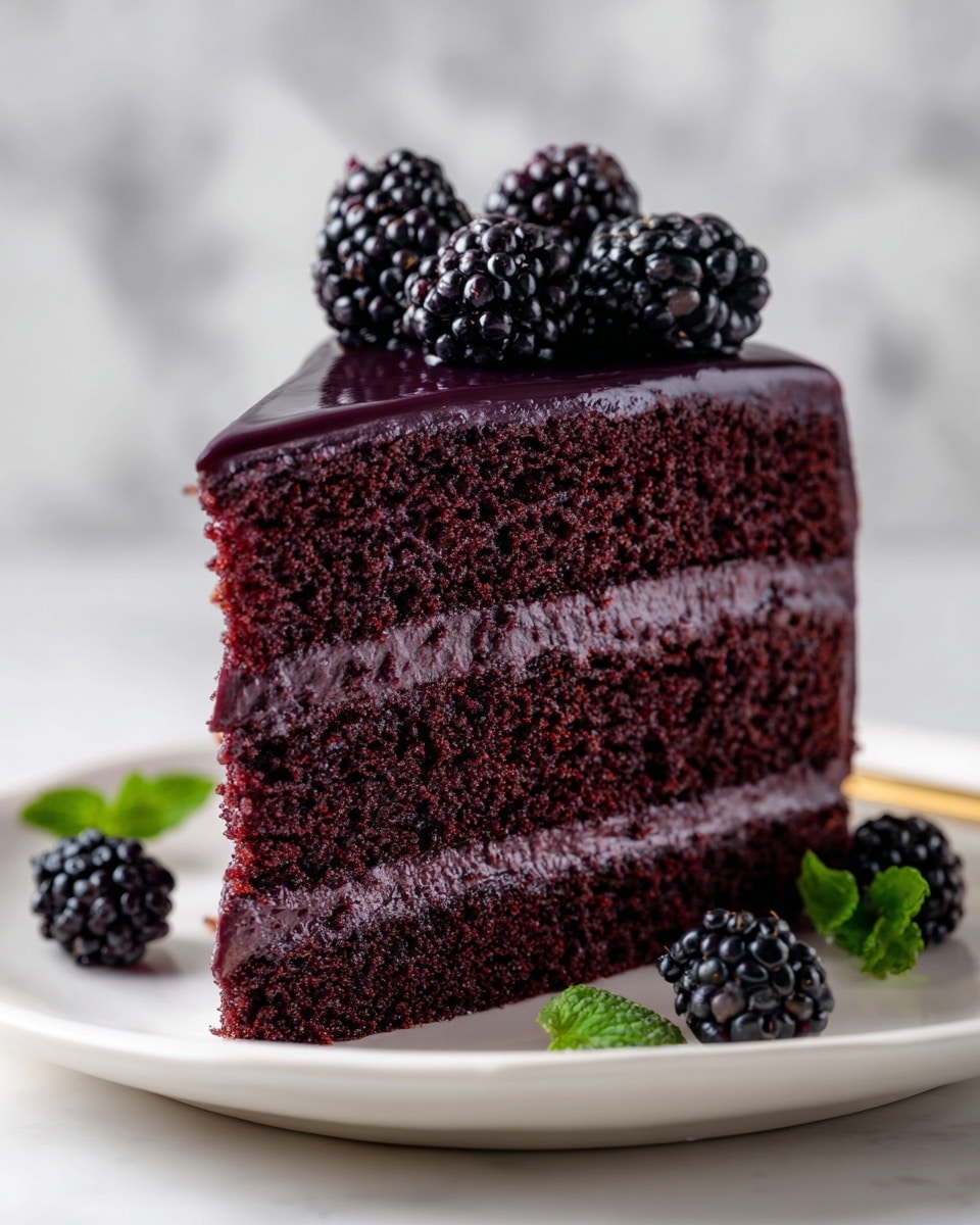 A slice of three-layer dark purple cake with moist, dense texture, each layer separated by thick smooth dark purple frosting; the top layer is covered in shiny, glossy dark purple glaze with a few fresh blackberries placed on top; the slice sits on a white speckled plate with a few blackberries and a small green mint leaf beside the cake; the plate is placed on a surface with a white marbled texture. photo taken with an iphone --ar 4:5 --v 7