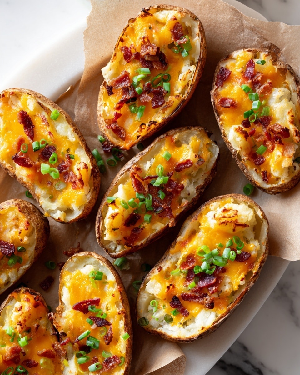 The image shows several potato skins with three main layers. The bottom layer is the brown potato skin with a rough texture, acting as a shell. The middle layer is creamy mashed potato, light beige in color, filling the skins compactly. The top layer is melted orange cheddar cheese mixed with small red crispy bacon pieces and bright green chopped spring onions scattered on top. The potatoes sit on brown parchment paper inside a baking tray. The overall colors are warm with a soft, slightly textured look on a white marbled surface. Photo taken with an iphone --ar 4:5 --v 7
