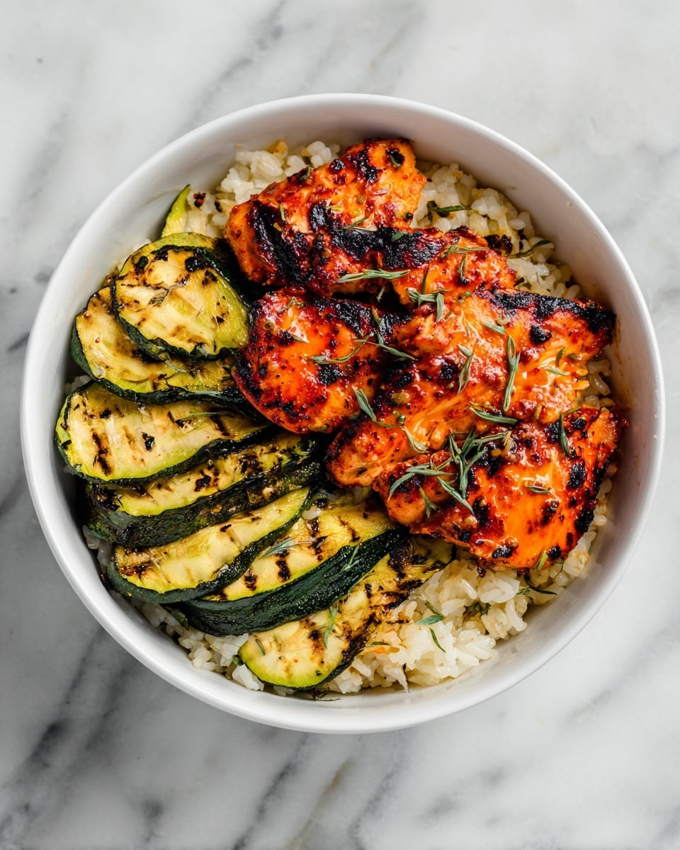 The image shows a white bowl filled with steamed white rice on the left side. Next to the rice, there are pieces of grilled pineapple with a golden yellow color and slight char marks. On the right side and center of the bowl, there are several pieces of grilled chicken wings covered in a shiny, reddish-orange sauce with some blackened char spots, garnished with small green herbs. The chicken pieces sit on a bed of grilled zucchini slices with visible grill marks and a green and light yellow color. The bowl is placed on a white marbled surface. Photo taken with an iphone --ar 4:5 --v 7