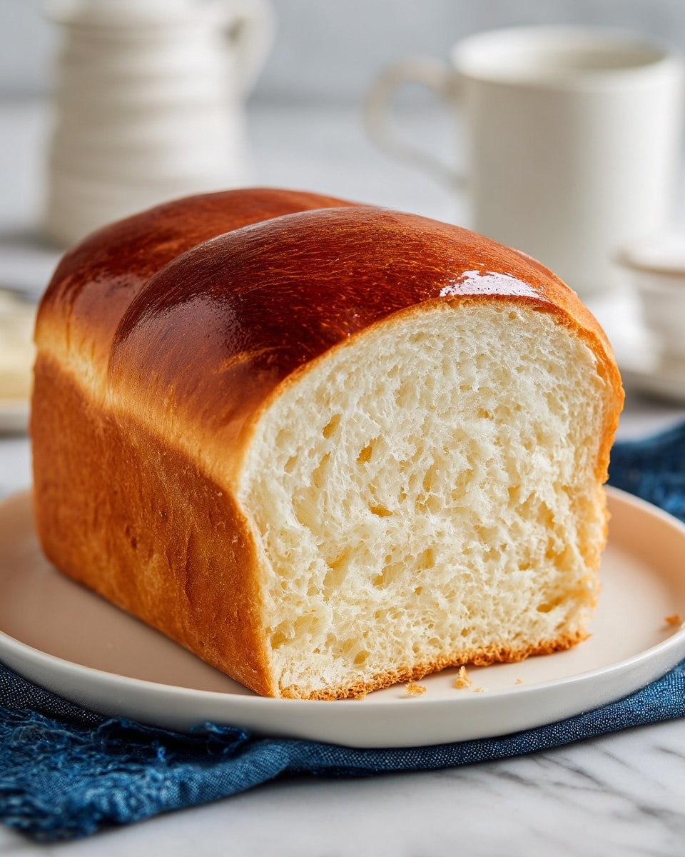 A loaf of soft bread is cut in half and placed on a white plate. The bread has a golden brown crust with a shiny, slightly crinkled texture on top. Inside, the bread is light-colored, fluffy, and porous with small air pockets throughout. The bread sits on a white marbled surface with a hint of a blue textured cloth underneath the plate, and a white cup is placed in the background. photo taken with an iphone --ar 4:5 --v 7