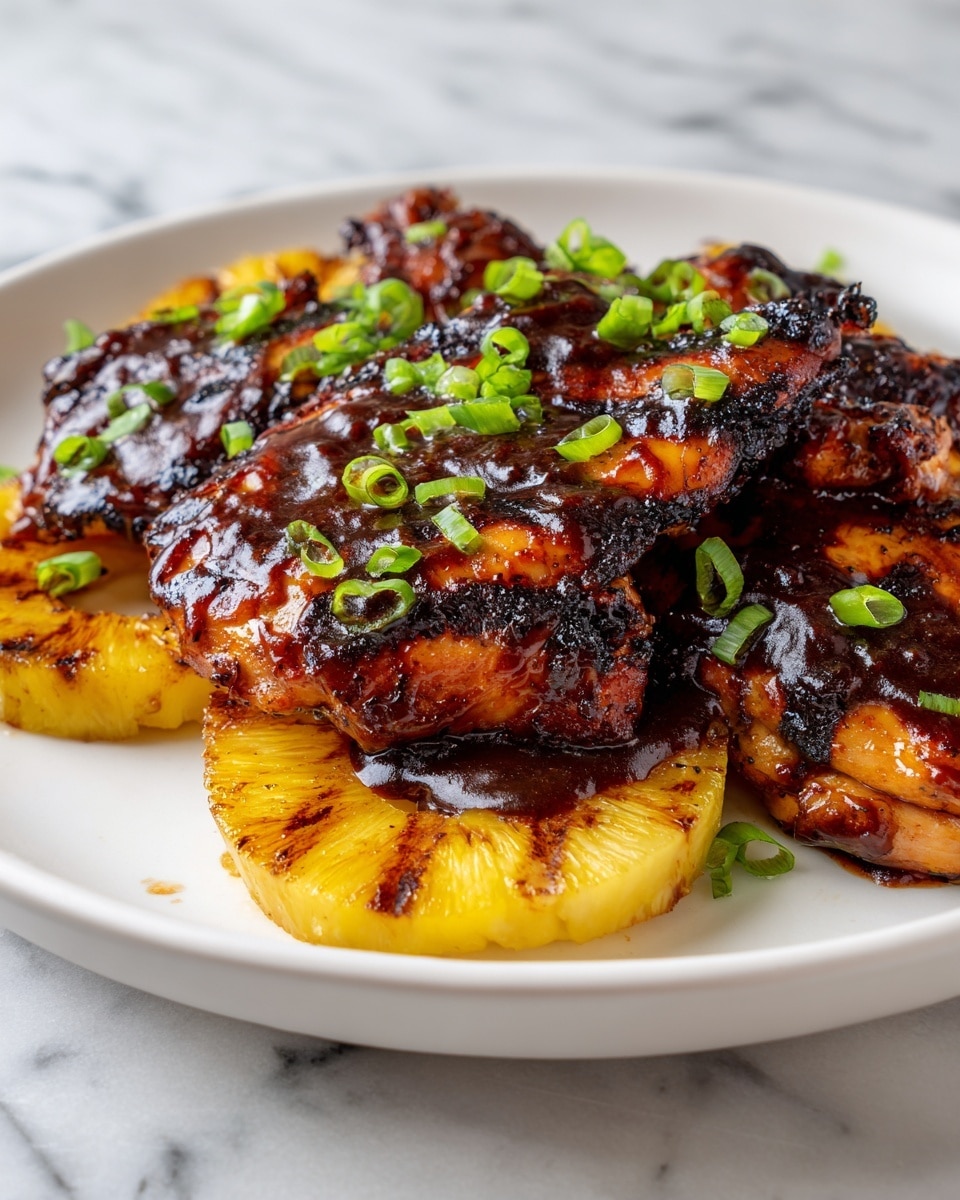 A white oval plate holds a serving of sticky glazed chicken pieces, richly coated in a shiny dark brown sauce with hints of charred edges. The chicken is layered on top of several grilled pineapple rings that are golden with some dark grill marks. Small pieces of chopped green onions are sprinkled evenly over the top, adding a fresh green contrast to the warm colors of the chicken and pineapple. The plate sits on a white marbled surface. photo taken with an iphone --ar 4:5 --v 7
