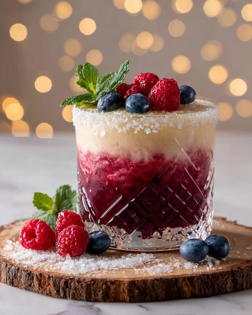 A clear, diamond-patterned glass contains a layered drink placed on a round wooden coaster dusted with powdered sugar. The bottom layer is a deep red color with darker swirls, transitioning smoothly into a creamy white layer above. The rim of the glass is coated with powdered sugar. On top, fresh red raspberries and dark blueberries are arranged next to bright green mint leaves, creating a fresh garnish. Scattered raspberries and blueberries surround the wooden coaster on a white marbled surface, while soft, warm bokeh lights glow in the blurred background. photo taken with an iphone --ar 4:5 --v 7