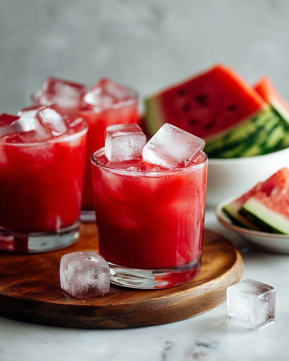 Three clear tall glasses are filled with a deep red juice, each glass containing a few large ice cubes that catch the light, making the drink look cold and refreshing. The glasses are placed close together on a wooden board with a natural grain texture. In the blurred background, there is a white bowl holding a green watermelon and a bright pink watermelon wedge, adding a fresh and summery touch to the scene. The overall setting is on a white marbled surface. photo taken with an iphone --ar 4:5 --v 7