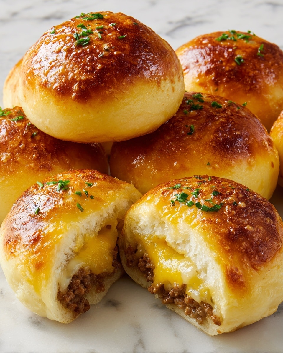 The image shows a group of small round sandwiches made with soft, golden-brown brioche buns. Each sandwich has two layers: a fluffy top bun that is shiny and slightly darker in color, sprinkled with small green herb bits, and a bottom bun holding a thick layer of cooked ground beef mixed with melted yellow cheddar cheese that oozes slightly. The sandwiches are placed closely together on a white plate, with a white marbled surface in the background. Photo taken with an iphone --ar 4:5 --v 7