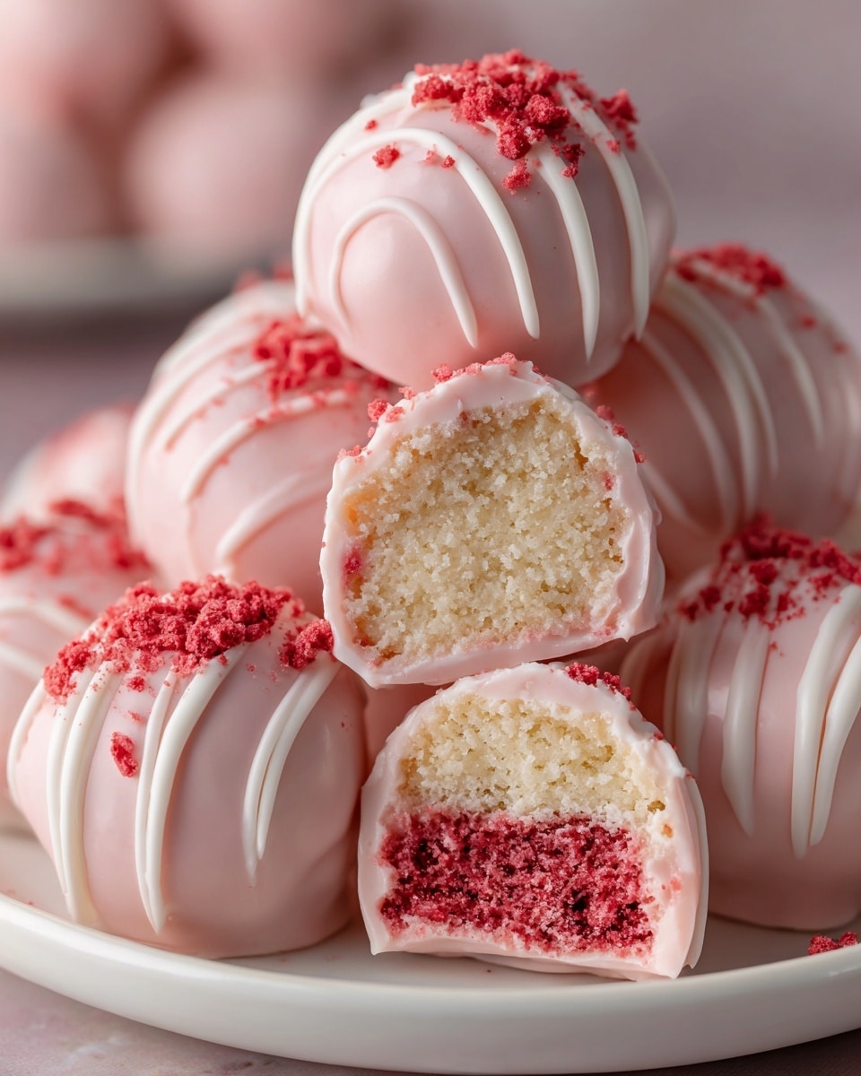 A close-up view of round cake pops that have three layers: the outer layer is smooth pink coating with white lines drizzled on top, the middle layer is reddish crumbly cake, and the inner layer is creamy white filling. Some cake pops are topped with small red cake crumbs. One cake pop is cut in half and placed on top, showing the three layers inside. The cake pops are placed on a white plate, and the background is a white marbled texture. photo taken with an iphone --ar 4:5 --v 7