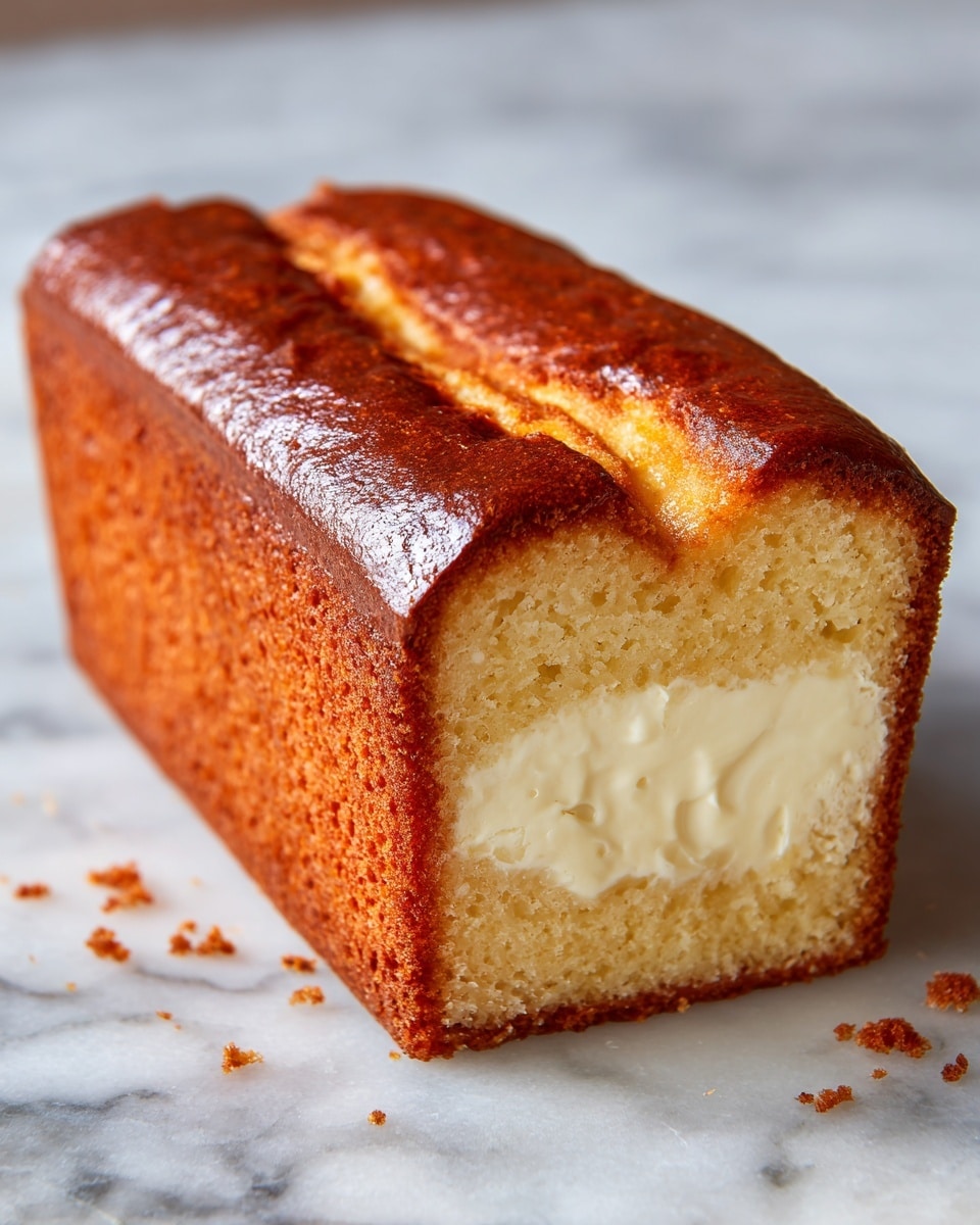A close-up of a loaf cake with a thick golden-brown crust on the outside, slightly cracked on top showing a soft texture beneath, revealing two main layers inside: an outer light yellow cake layer with a dense and smooth creamy pale yellow filling in the center. The cake sits on a surface with a white marbled texture, and a few crumbs are scattered around it. The focus is on the detailed texture and colors of the cake layers. photo taken with an iphone --ar 4:5 --v 7