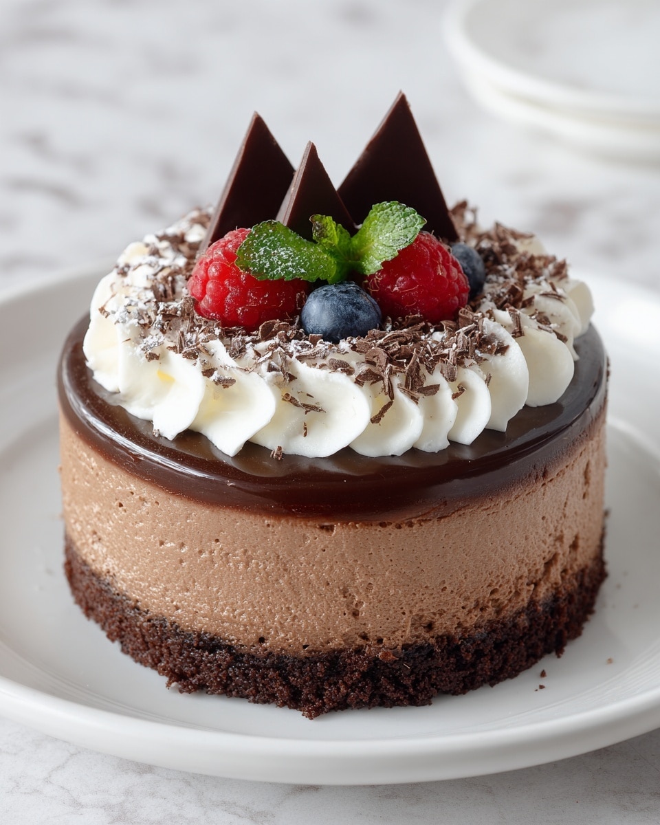 A three-layer round chocolate dessert sits on a white plate with a white marbled surface in the background. The bottom layer is a dark chocolate cake with a rough texture, followed by a smooth, thick, lighter chocolate mousse middle layer. The top layer is a glossy dark chocolate ganache with a shiny finish. On top, there is a ring of white whipped cream piped in swirls, covered with chocolate shavings. Fresh berries, including two red raspberries and one dark blueberry, along with three triangular dark chocolate pieces and a small green mint leaf, decorate the center. Photo taken with an iphone --ar 4:5 --v 7