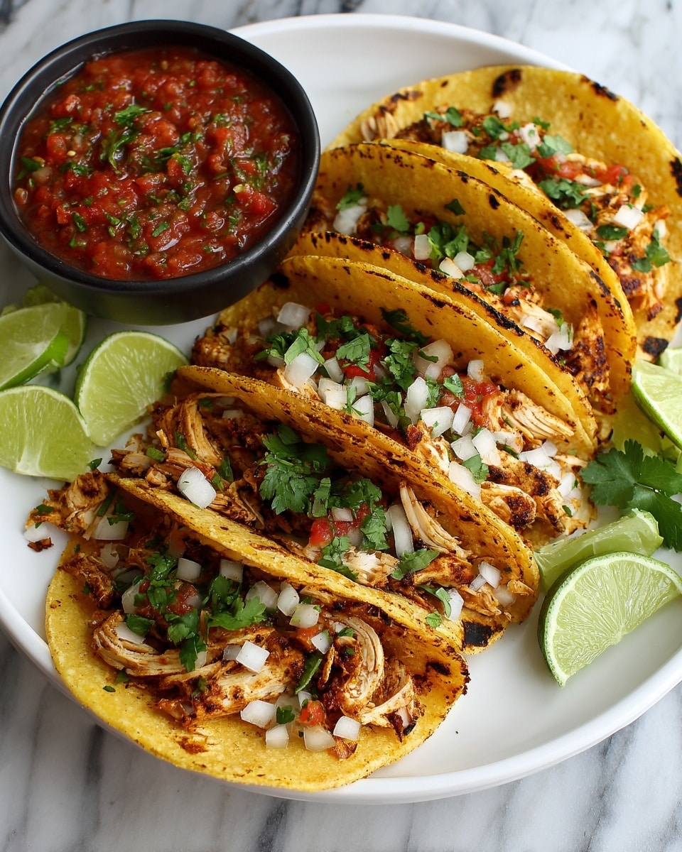 The image shows a white plate filled with four grilled chicken tacos. Each taco has a yellow, slightly charred tortilla shell holding layers of shredded grilled chicken at the bottom, topped with small white onion pieces, chopped green cilantro, and finely diced red tomatoes. There are two green lime wedges placed in the middle of the plate next to the tacos. A black bowl filled with chunky red salsa sprinkled with green herbs sits behind the tacos. On the side of the plate, there are thin slices of radish with green cilantro leaves on top. The plate is placed on a white marbled surface. Photo taken with an iphone --ar 4:5 --v 7