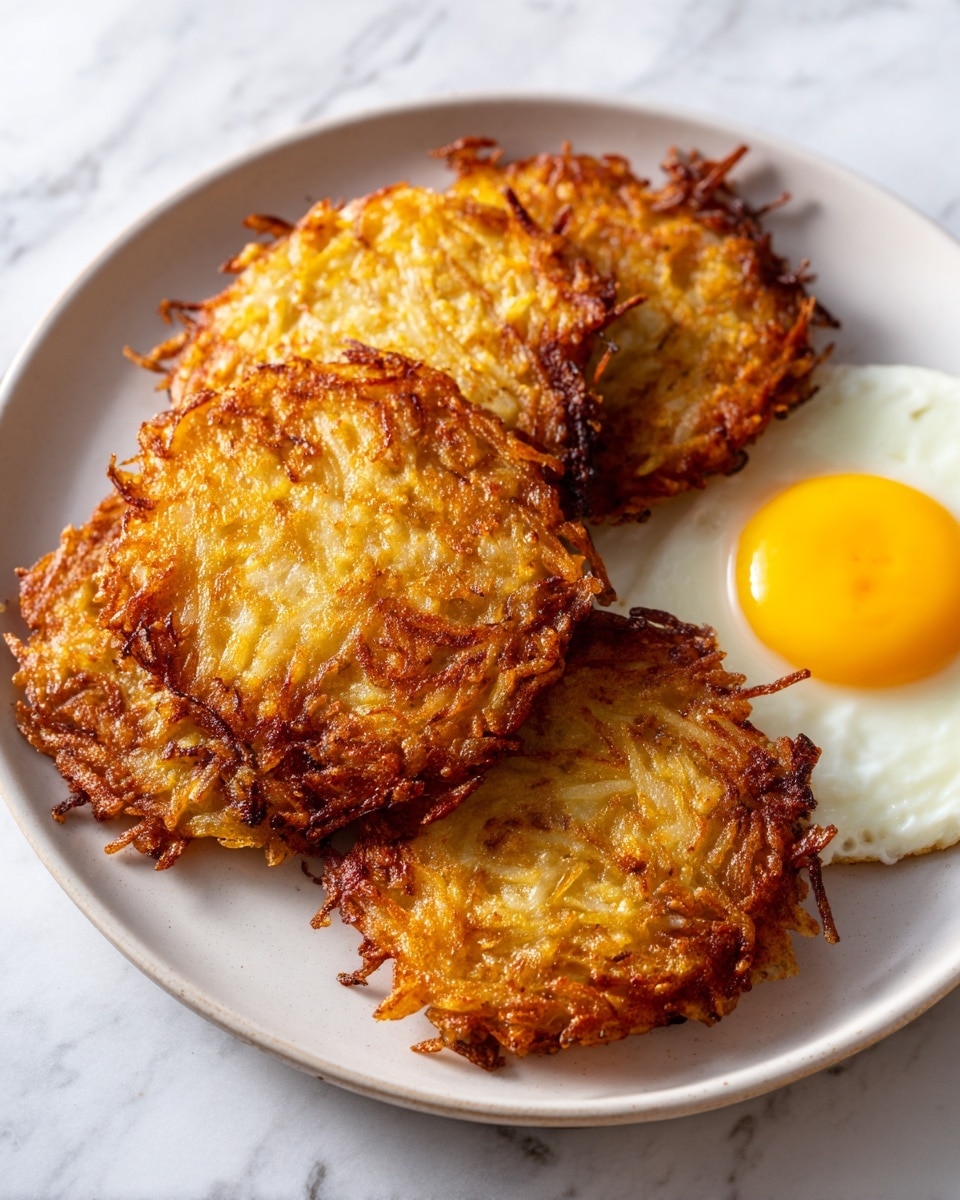 A white plate filled with a stack of three golden brown potato latkes, each showing crispy, uneven edges and a textured surface made of shredded potatoes, slightly darker and more browned at the edges, layered one slightly in front of the other. On the right side of the plate, there is a sunny-side-up egg with a bright yellow yolk and smooth white surrounding it, softly blending into the white marbled surface underneath. photo taken with an iphone --ar 4:5 --v 7