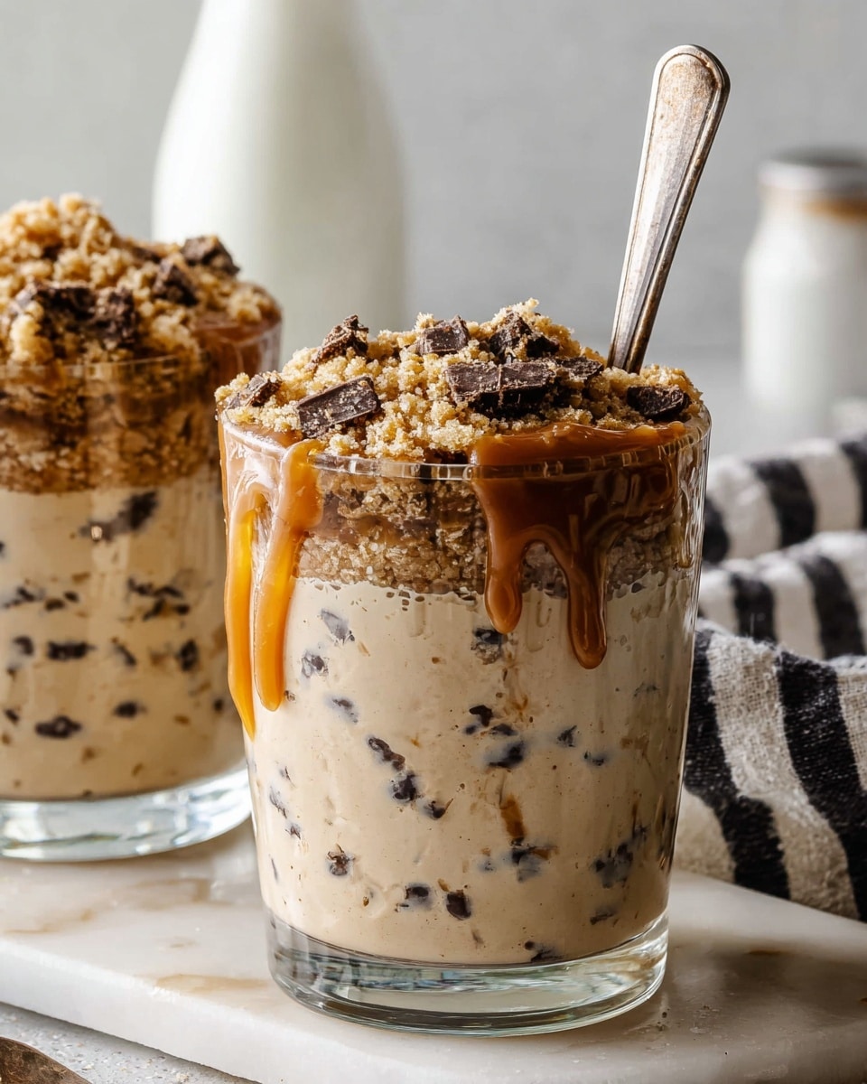 Two clear glass cups filled with a beige creamy mixture that has small dark chocolate chunks mixed throughout. Each cup is topped with a light brown crumbly layer and a drizzle of caramel sauce. A rustic silver spoon is inserted into the topping of the right cup. The cups sit on a white marbled surface with a partially visible white bottle and a black-and-white striped cloth in the soft blurred background. Photo taken with an iphone --ar 4:5 --v 7