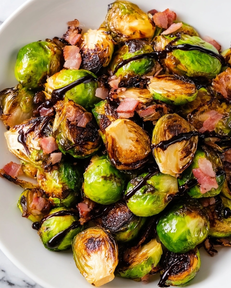 A close-up view of a white plate filled with roasted Brussels sprouts that are charred golden brown on the cut sides and bright green and glossy on the rounded parts. Scattered among the Brussels sprouts are small pieces of crispy, browned bacon, adding a pink and reddish contrast. A dark, glossy balsamic glaze is drizzled over the top, creating shiny black streaks that contrast with the greens and browns. The plate sits on a white marbled surface. photo taken with an iphone --ar 4:5 --v 7