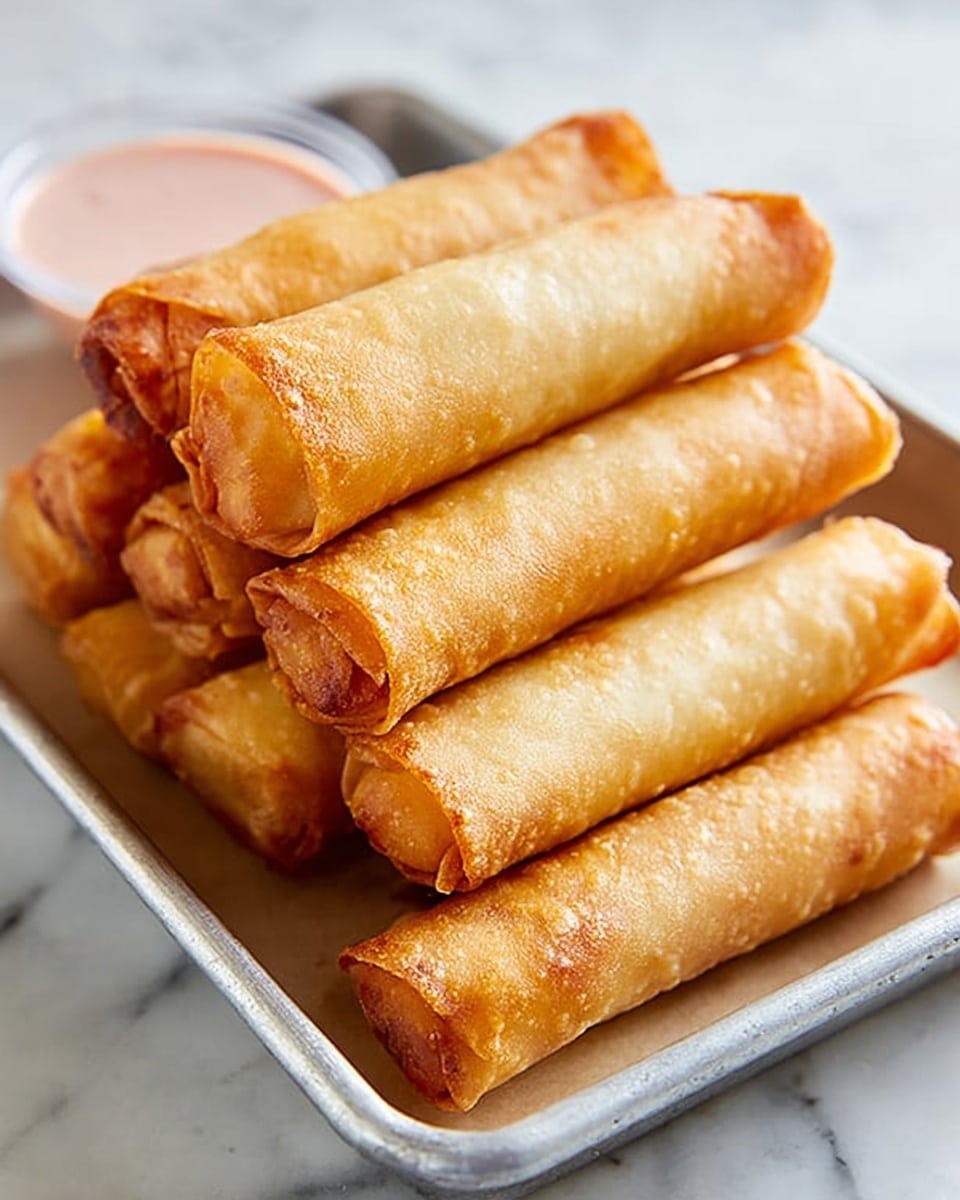 A metal tray filled with two layers of crispy golden-brown spring rolls neatly stacked in two rows, eight in total with a crunchy and slightly wrinkled texture. In the background, there is a small glass bowl with pink dipping sauce. The tray sits on a white marbled surface. photo taken with an iphone --ar 4:5 --v 7