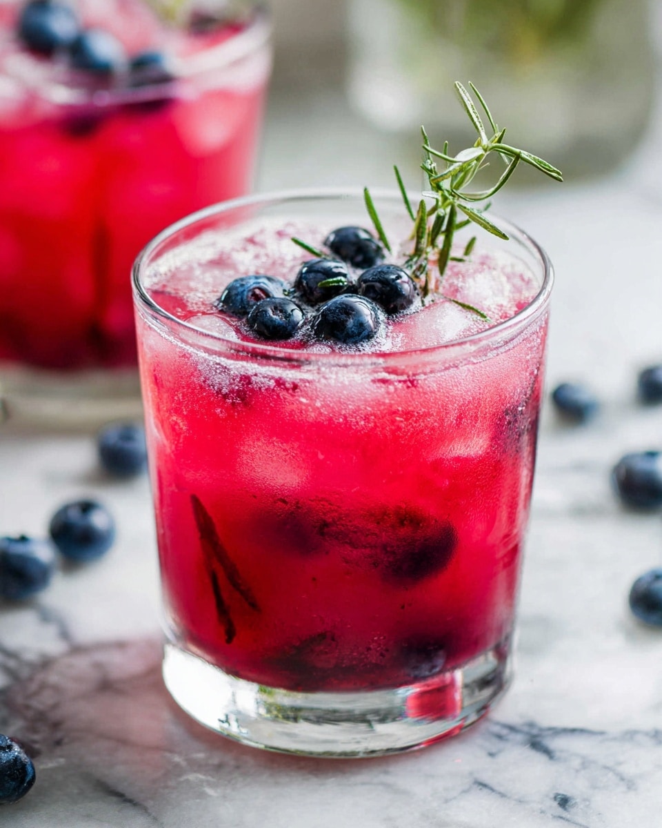 A clear glass holds a bright red drink filled with ice cubes, creating a frosty texture throughout. The top layer is decorated with dark blue blueberries floating on the icy surface along with a few green rosemary sprigs poking out, adding contrast and freshness. The glass sits on a white marbled surface with scattered blueberries around it. In the background, another similar glass drink is slightly blurred, reinforcing the main focus on the first glass. Photo taken with an iphone --ar 4:5 --v 7