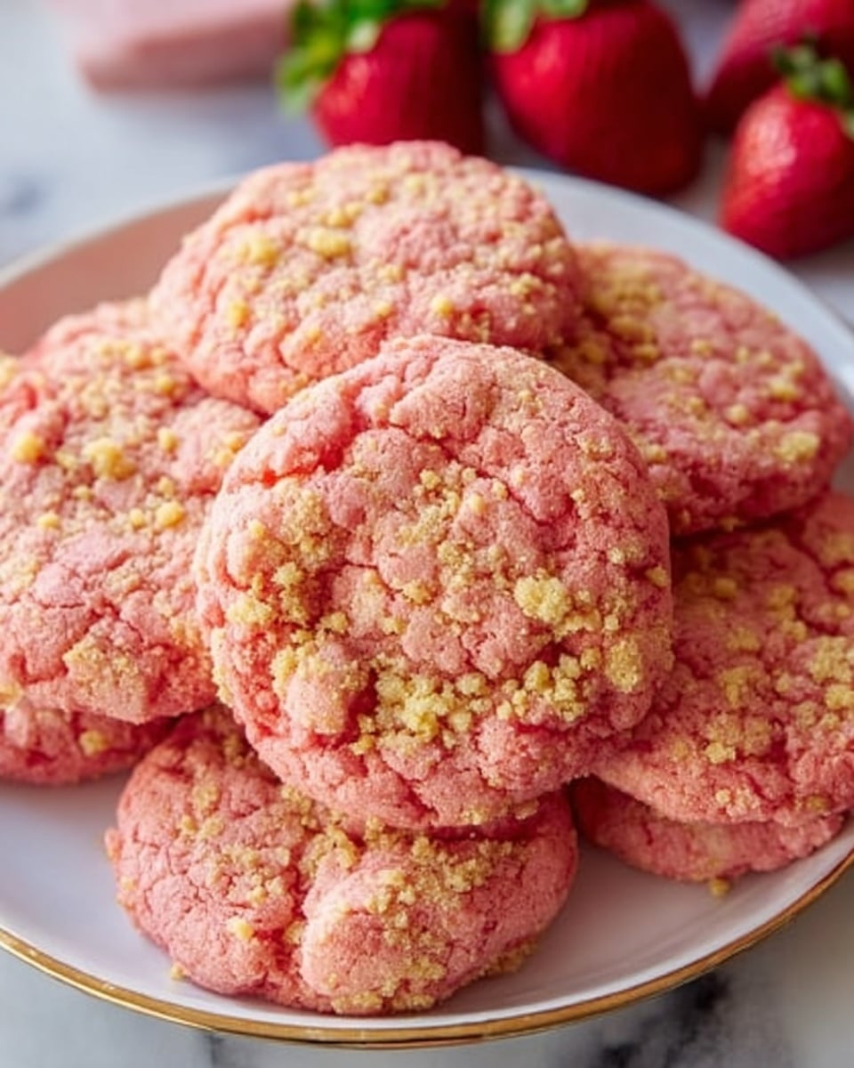 The image shows a close-up of several round cookies stacked on a white plate. Each cookie has a pinkish color with a crumbly texture on top, consisting of small yellow and light pink crumbs. In the background, a few fresh red strawberries with green leaves are partially visible. The plate is placed on a white marbled surface. photo taken with an iphone --ar 4:5 --v 7