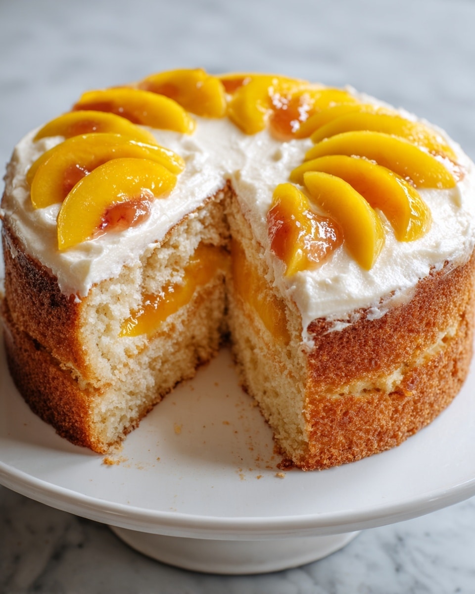 The image shows a round, two-layer cake on a white plate. The bottom layer is a soft, light beige cake with a visible peach jam filling in the middle. The top layer has a thick white cream spread evenly, topped with sliced fresh peaches arranged in a circular pattern. The sides of the cake have a slightly rough texture with a golden brown color, and one large slice is cut out revealing the inside layers clearly. The background is a white marbled texture. photo taken with an iphone --ar 4:5 --v 7