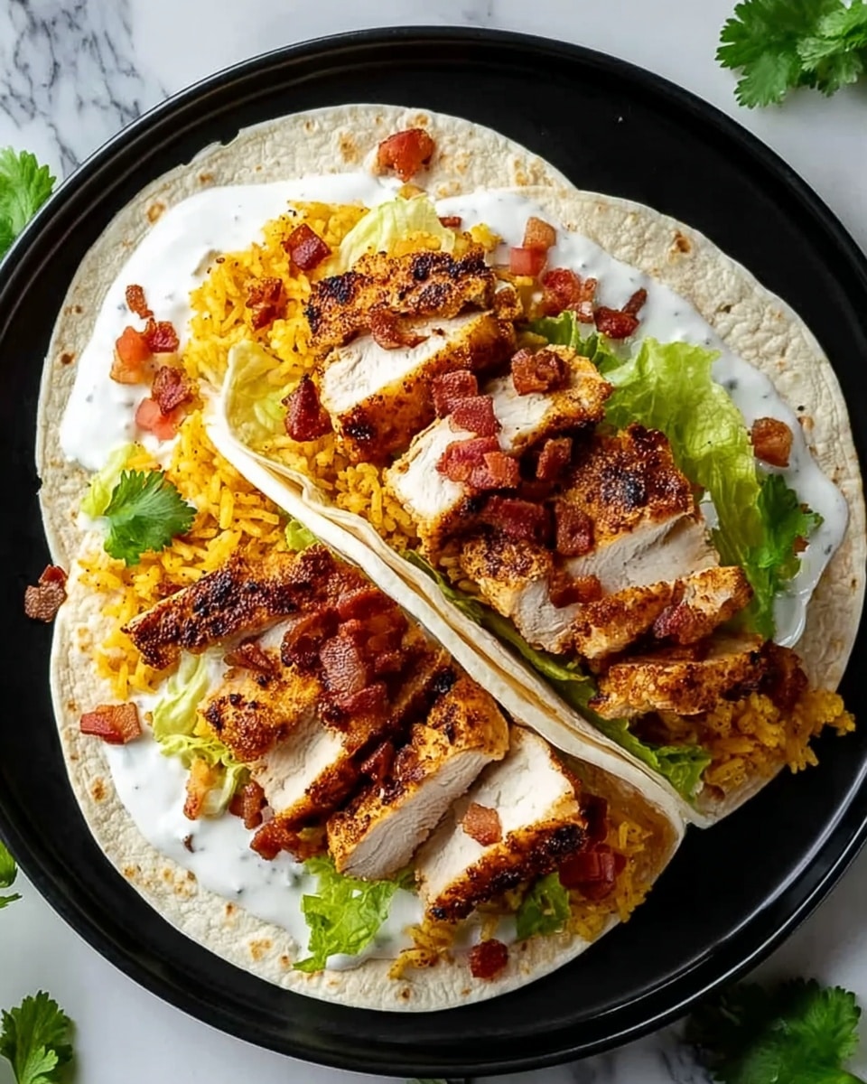 The image shows two soft flour tortillas stacked on a black plate over a white marbled surface. The top tortilla is open and filled with layers starting from a bed of green lettuce. On top of the lettuce are small pieces of yellow rice mixed with bright red diced tomatoes. The next layer has several thick, grilled chicken strips with a golden brown color and a slight char. Scattered crispy bacon pieces are placed over the chicken, and a few sprigs of fresh green cilantro decorate the top. Creamy white sauce is spread underneath the chicken and partly over the edges of the tortilla. Photo taken with an iphone --ar 4:5 --v 7