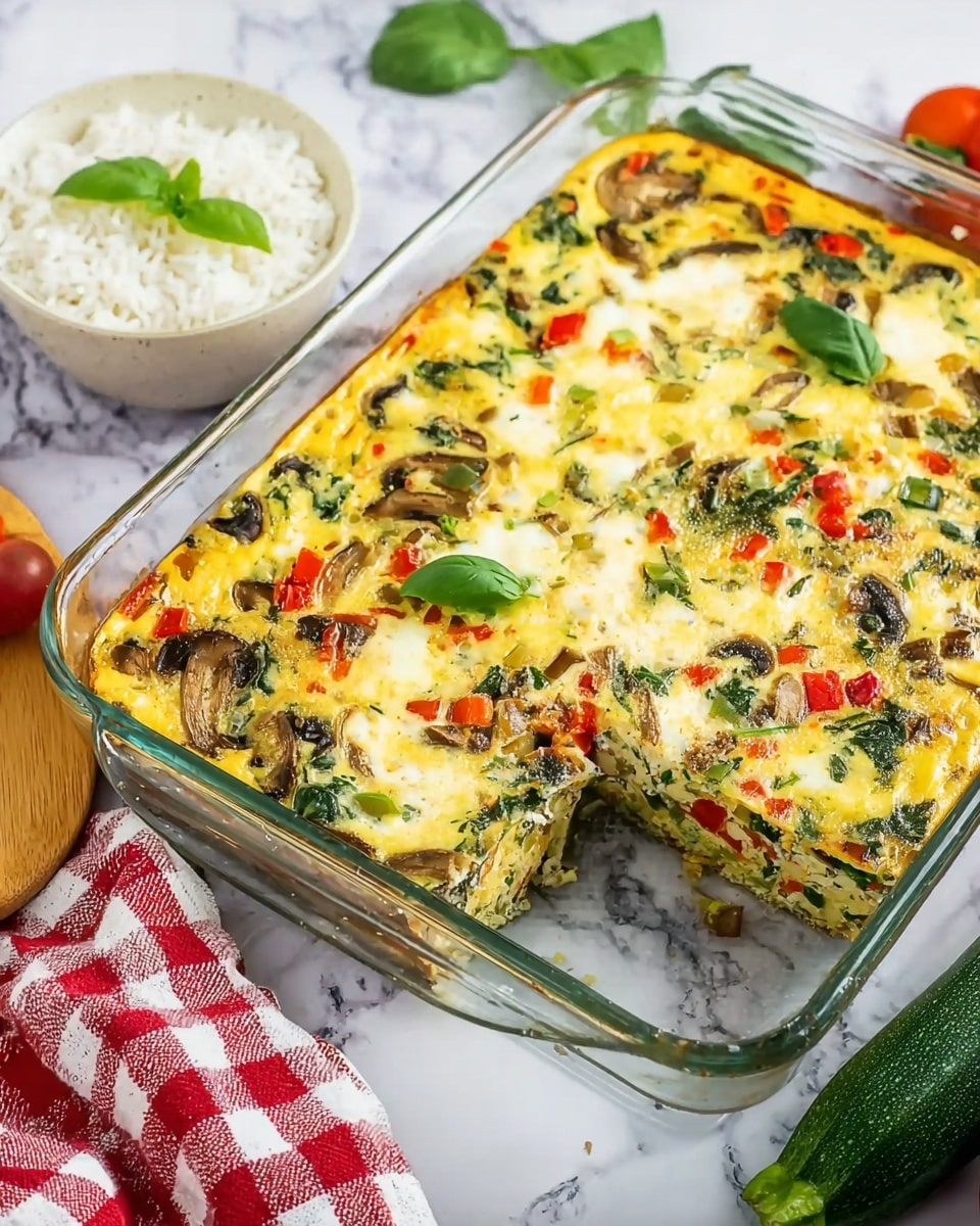 The image shows a clear glass baking dish filled with a colorful vegetable frittata, with a piece already cut out from the bottom left corner. The frittata has multiple layers: a creamy yellow egg base mixed with green spinach leaves, red bell pepper chunks, brown mushroom slices, and bits of green herbs scattered throughout. On top, there are small green basil leaves placed for decoration. The dish is set on a white marbled surface with a white and red checkered cloth partially visible to the left. Nearby, there is a white bowl with rice garnished with a small green leaf and a green zucchini lying on the surface close to the dish. photo taken with an iphone --ar 4:5 --v 7
