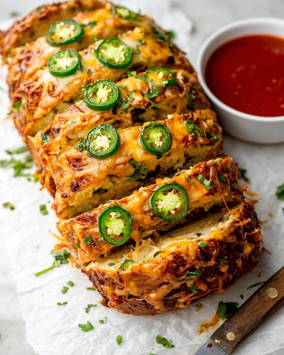 A loaf of bread is sliced almost all the way through and topped with melted golden cheese, thin slices of green jalapeño pepper, and sprinkled with chopped fresh green herbs. The bread has a crispy texture with some browned spots where the cheese melted into the crust. The loaf sits on crumpled white parchment paper on a white marbled surface. To the left of the loaf is a white bowl filled with red dipping sauce. A knife with a wooden handle lies beside the loaf on the right side. Photo taken with an iphone --ar 4:5 --v 7