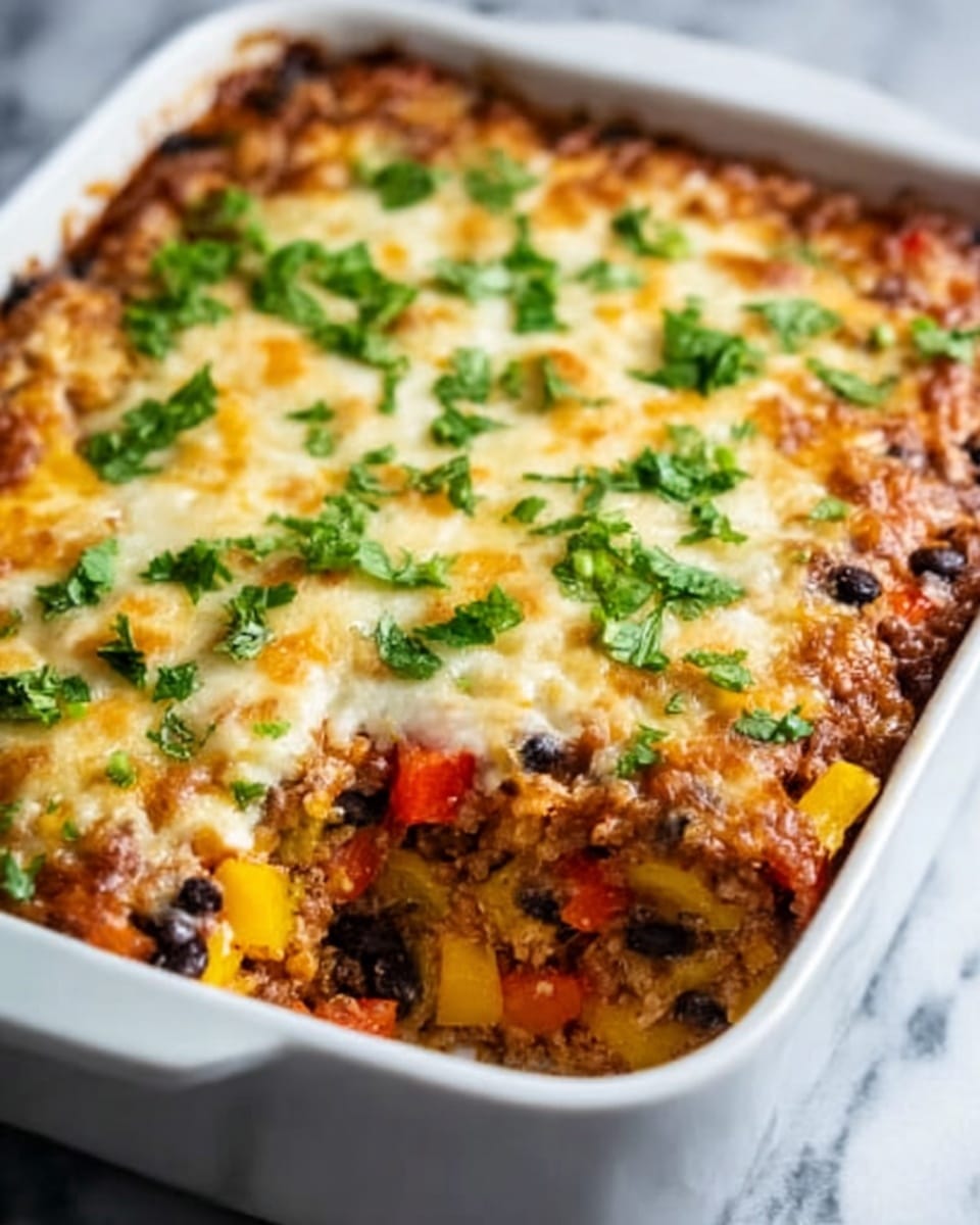 A close-up view of a layered casserole in a white rectangular baking dish on a white marbled surface, showing three visible layers: the bottom layer is a mix of cooked rice and black beans with yellow and red bell pepper pieces, the middle layer is covered with melted golden brown cheese, and the top layer is sprinkled with chopped fresh green herbs. The cheese layer has a bubbly, slightly crispy texture with some browned spots, and the colorful vegetables peek through the cheese. Photo taken with an iphone --ar 4:5 --v 7