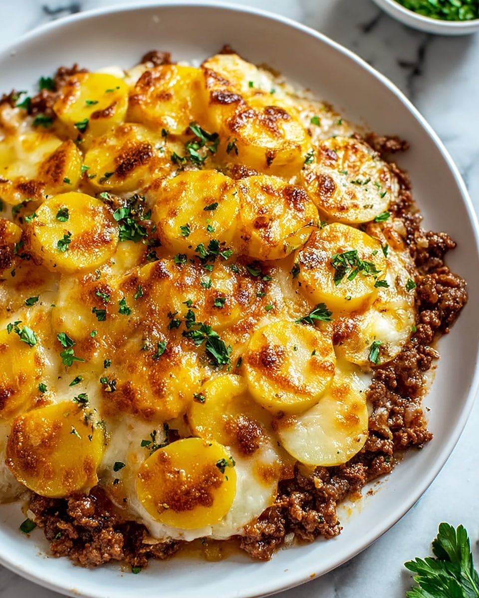 The dish shows a thick layer of cooked ground beef spread at the bottom of a white plate, topped with a layer of sliced yellow potatoes arranged evenly, followed by a generous layer of melted golden-brown cheese covering the entire surface with some browned spots giving a crispy look. Fresh green parsley sprinkles are scattered on top, adding a touch of color, all set on a white marbled texture surface. Photo taken with an iphone --ar 4:5 --v 7