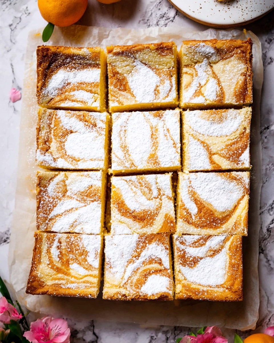 The image shows a square cake cut into 12 pieces arranged in three rows and four columns on white parchment paper. The cake has one thick layer with a light golden brown top swirled with darker orange patterns and dusted with white powdered sugar in uneven patches all over. The sides of the cake are a soft yellow inside, and the edges are slightly darker and crusty. The whole arrangement sits on a white marbled surface with some pink flowers partially visible at the bottom and a woman's hand holding a hanging white marbled plate near the top right. photo taken with an iphone --ar 4:5 --v 7
