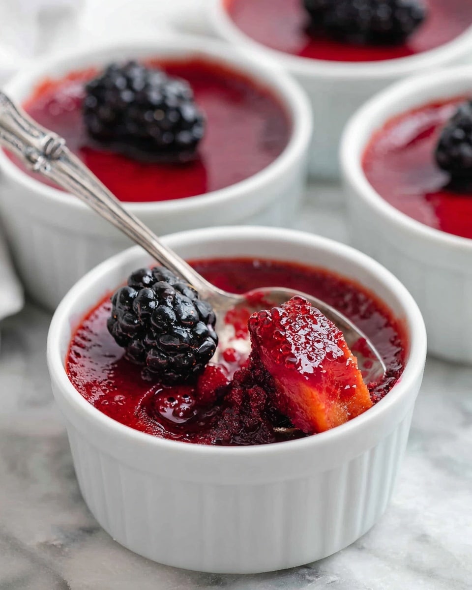 This image shows a white ramekin filled with a dark red dessert that has a smooth, glossy top layer with some small bubbles, about one layer thick. The dessert has been partially scooped out with a vintage silver spoon revealing a darker, soft, almost velvety layer below the glossy top. A fresh black blackberry sits on the right side of the dessert inside the ramekin, adding a textured black and purple detail. In the background, three more ramekins with the same dessert are slightly blurred but show the same shiny red top layer each decorated with one blackberry. The ramekins are placed on a white marbled surface. Photo taken with an iphone --ar 4:5 --v 7