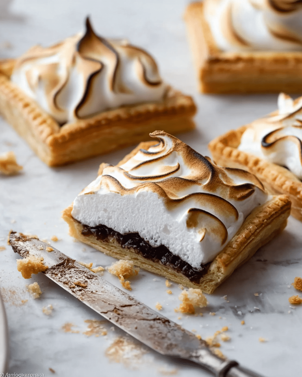 The image shows square pastries with a golden-brown crust, each topped with a thick layer of toasted meringue that has soft swirls and a light brown gradient on peak edges. One pastry in the foreground is partially cut open, revealing a dark, rich filling beneath the meringue layer and inside the crust. The pastries are placed directly on a white marbled surface, with some crumbs scattered around. In front of the closest pastry, there is a knife with traces of the dark filling on its blade, adding a rustic touch to the scene. Photo taken with an iphone --ar 4:5 --v 7