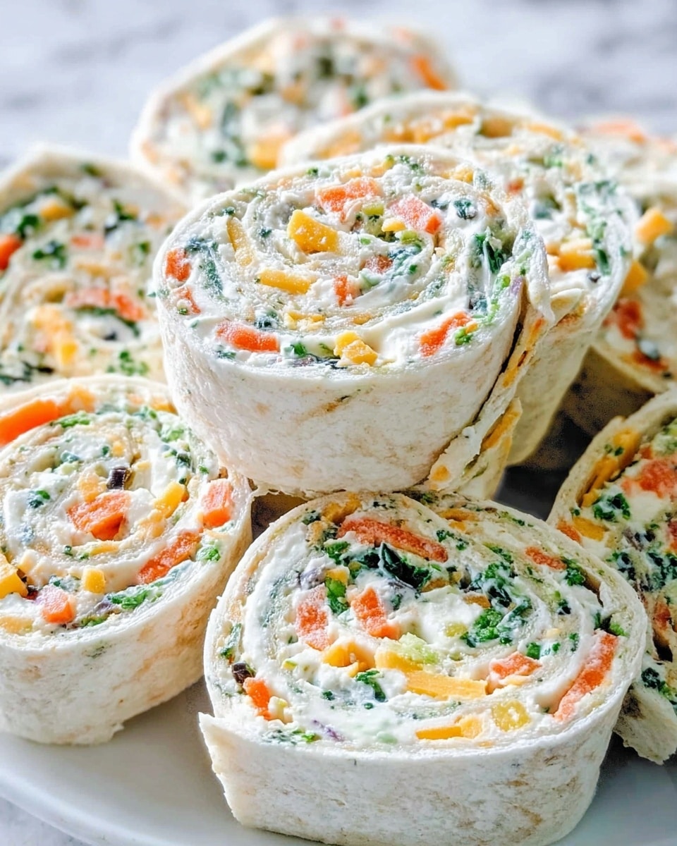 The image shows several thick pinwheel sandwiches stacked on top of each other on a white plate, set on a white marbled surface. Each pinwheel has two layers: the outer layer is a soft, light beige flatbread, and the inner layer is a creamy white spread with visible small pieces of green broccoli, orange carrots, and yellow cheese mixed throughout. The sandwich layers are tightly rolled to form spiral slices with a mix of smooth creamy texture and small vegetable chunks, creating a colorful, appetizing pattern. Photo taken with an iphone --ar 4:5 --v 7