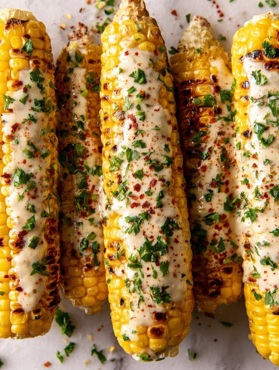 The image shows several grilled corn cobs arranged side by side on a white marbled surface. Each corn cob has a bright yellow color with visible brown grill marks and is coated with a smooth layer of melted white cheese. On top of the cheese, there are small green herb pieces and a light sprinkle of seasoning that adds texture and color contrast. The corn looks juicy and rich, with slight glossiness from the melted cheese and butter. Photo taken with an iphone --ar 4:5 --v 7