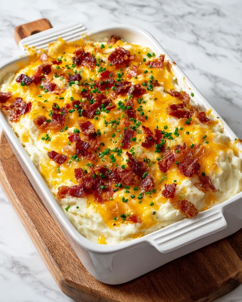A white rectangular baking dish holds a baked mashed potato casserole with three visible layers: the bottom is smooth, creamy mashed potatoes in white, topped with a layer of melted golden-yellow cheddar cheese, and on top are small pieces of crispy, browned bacon scattered evenly. Bright green chopped chives are sprinkled across the surface, adding colorful contrast. The edges of the dish show some browned spots from baking. The dish is set on a wooden board with a white marbled texture background. photo taken with an iphone --ar 4:5 --v 7