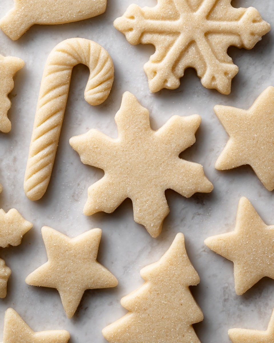 The image shows a batch of unbaked sugar cookies in different shapes laid flat on a white marbled textured surface. The cookies have a smooth pale beige color and are evenly thick. Shapes include a snowflake with six points, a candy cane with a curved top left corner, multiple five-pointed stars, and a Christmas tree with angled edges. The texture of the dough appears soft and slightly grainy. No additional decorations or toppings are present, and the arrangement is random, filling the frame without overlapping. Photo taken with an iphone --ar 4:5 --v 7