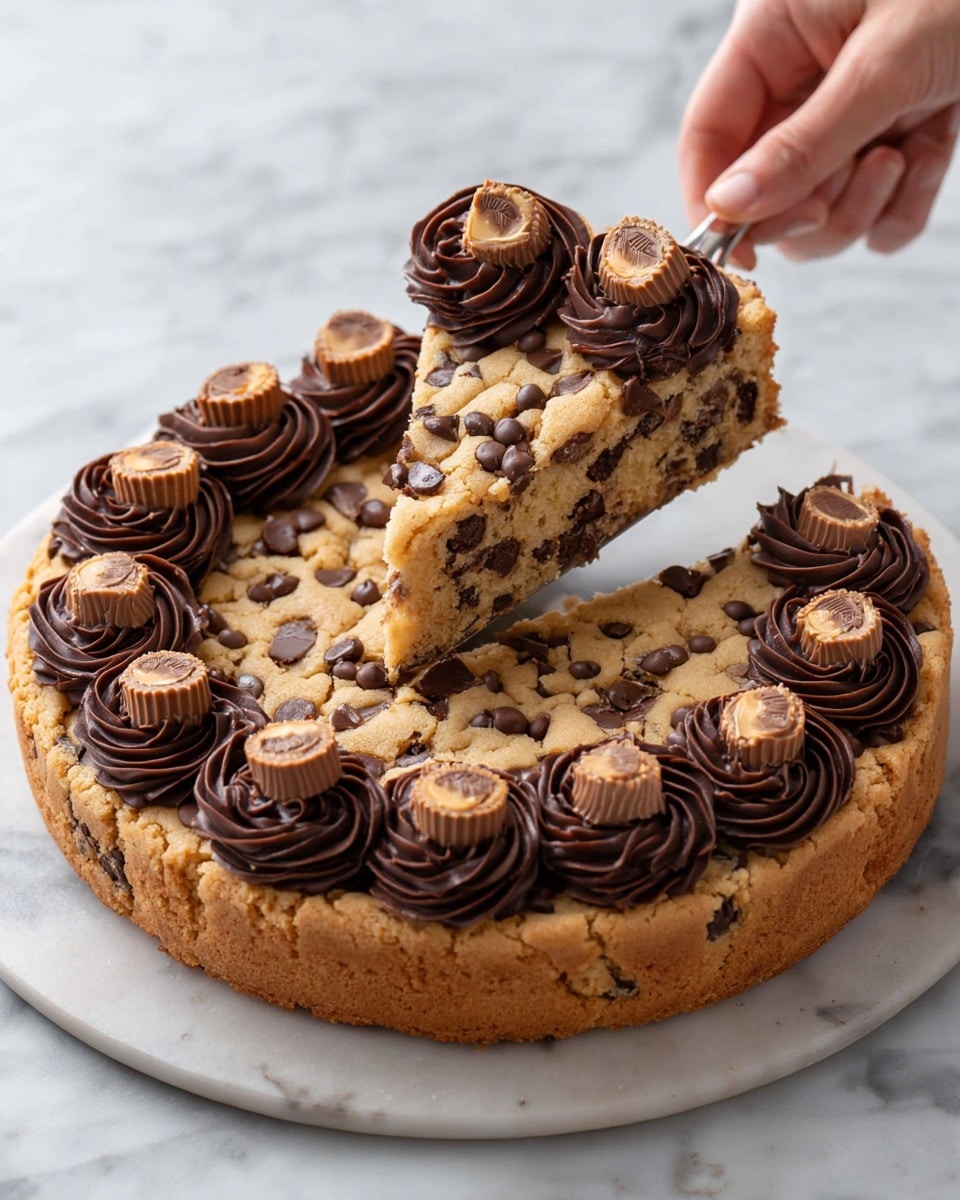 A close-up view of a thick cookie cake with a golden-brown color and visible chocolate chips inside. The cake is cut into slices, showing a soft and chewy texture. Around the edge of the cake, there is a ring of large chocolate peanut butter cups, each topped with a swirl of rich, dark chocolate frosting that looks smooth and creamy. The cake is placed on a clear glass plate, set on a white marbled surface. Photo taken with an iphone --ar 4:5 --v 7