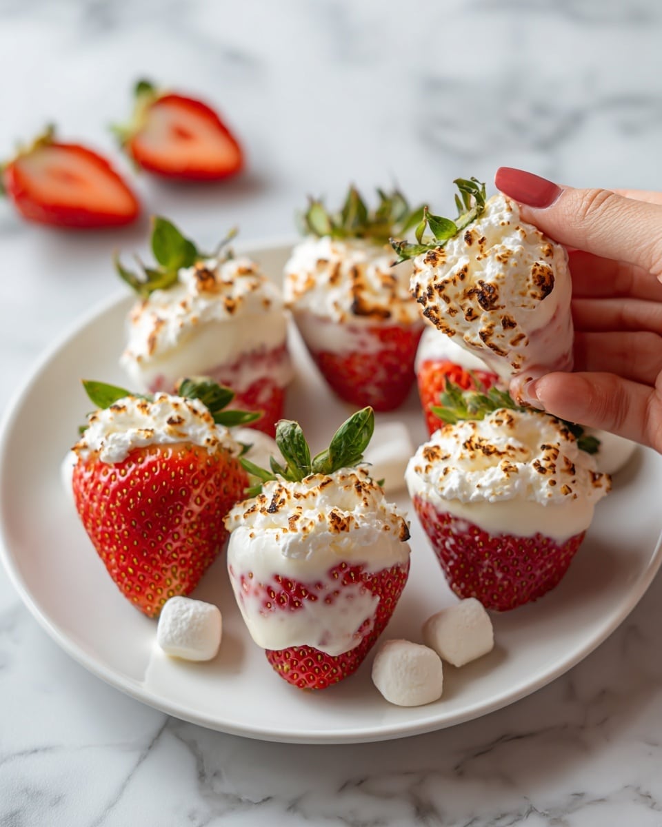 The image shows a white plate with several fresh strawberries that are partly covered with toasted, golden brown marshmallow-like cream. Each strawberry is bright red and glossy, with green leafy tops still attached, positioned on top of dollops of white whipped cream that are soft and fluffy with a smooth texture. Around the plate, there are more small dollops of white whipped cream scattered on the white marbled surface. The lighting highlights the shiny texture of the strawberries and the lightly browned toasted cream, with one strawberry being held by a woman's hand as if ready to be picked up. Photo taken with an iphone --ar 4:5 --v 7