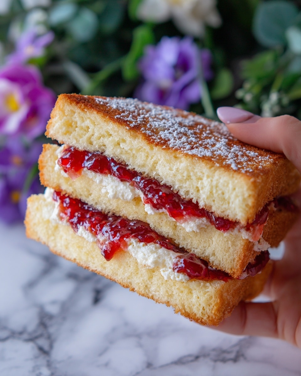 A close-up image shows a grilled sandwich held by a woman's hand, with the sandwich cut to reveal its three layers. The outermost layer is golden brown toasted bread with a light sprinkling of white powdered sugar on top. Beneath the bread, there is a layer of creamy white cheese, slightly melting. The innermost layer is a thick, glossy red strawberry jam that looks sticky and sweet, oozing slightly out of the sandwich. The background includes green leaves and purple flowers, but the main focus is clearly the sandwich. photo taken with an iphone --ar 4:5 --v 7