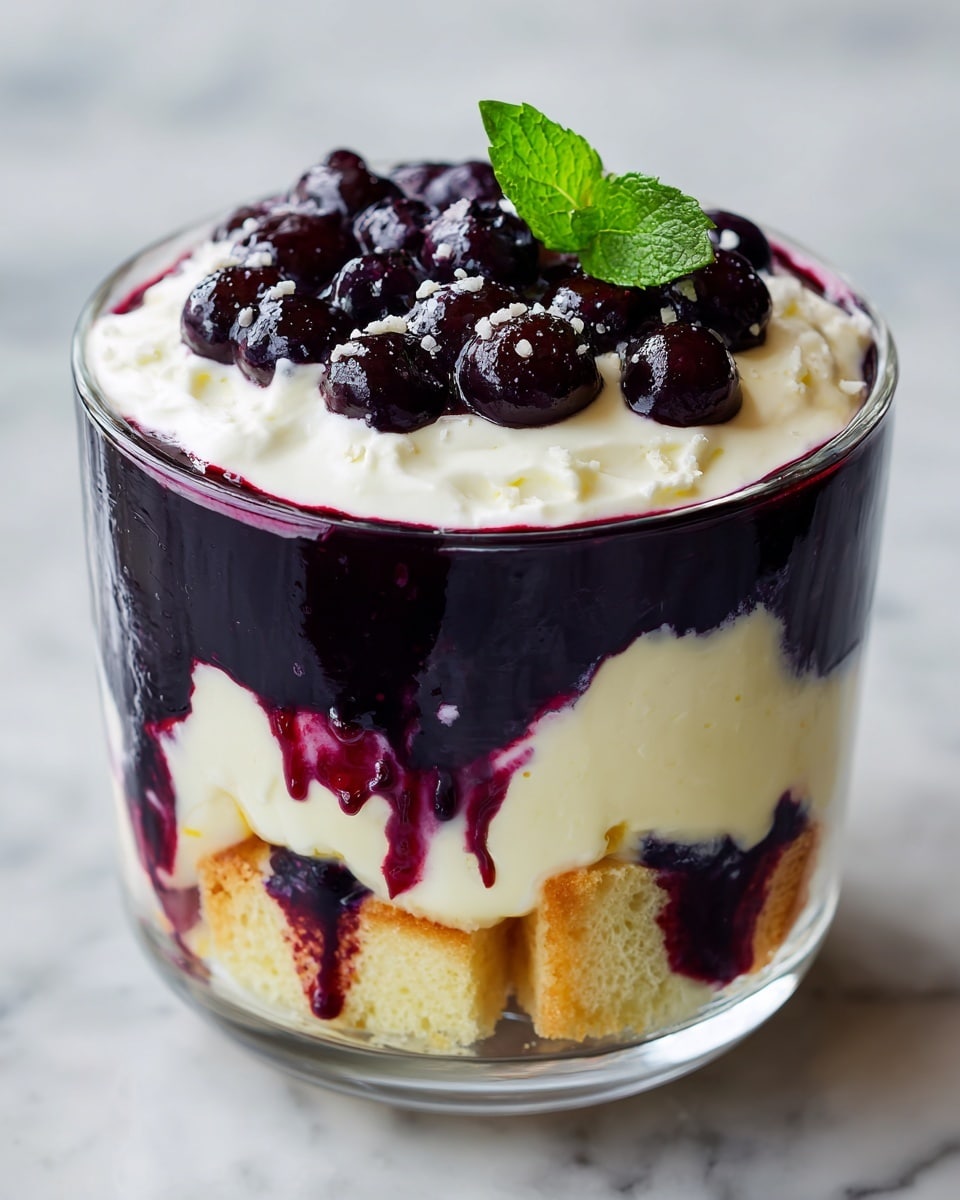 This image shows a three-layered dessert in a clear glass bowl placed on a white marbled surface. The bottom layer consists of dark purple berry sauce with visible whole berries. The middle layer is a thick, creamy white mixture with some pieces of light beige sponge cake showing through. Above this is another layer of berry sauce with a few sponge cake crumbs. The top layer is a generous swirl of fluffy white whipped cream, crowned with a glossy, dark purple berry topping, and decorated with a small green mint leaf. photo taken with an iphone --ar 4:5 --v 7