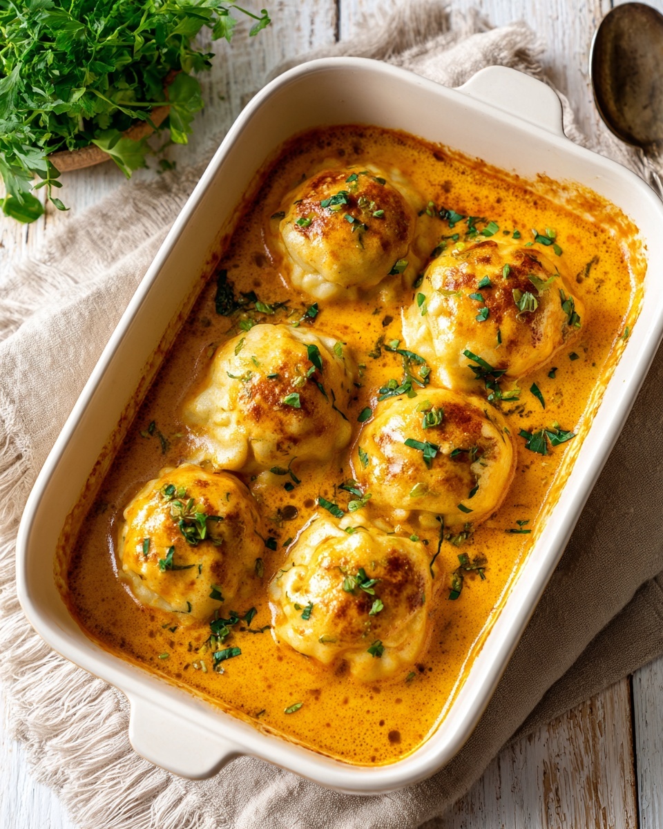 A white rectangular baking dish holds six round biscuits baked in a creamy orange sauce. The biscuits are golden-brown on top with a slightly crusty texture and sprinkled with small green parsley pieces. The orange sauce looks thick and smooth, filling the dish around and beneath the biscuits. The dish rests on a beige cloth napkin on a white marbled surface, with a metal spoon and fresh green parsley blurred softly in the background. photo taken with an iphone --ar 4:5 --v 7