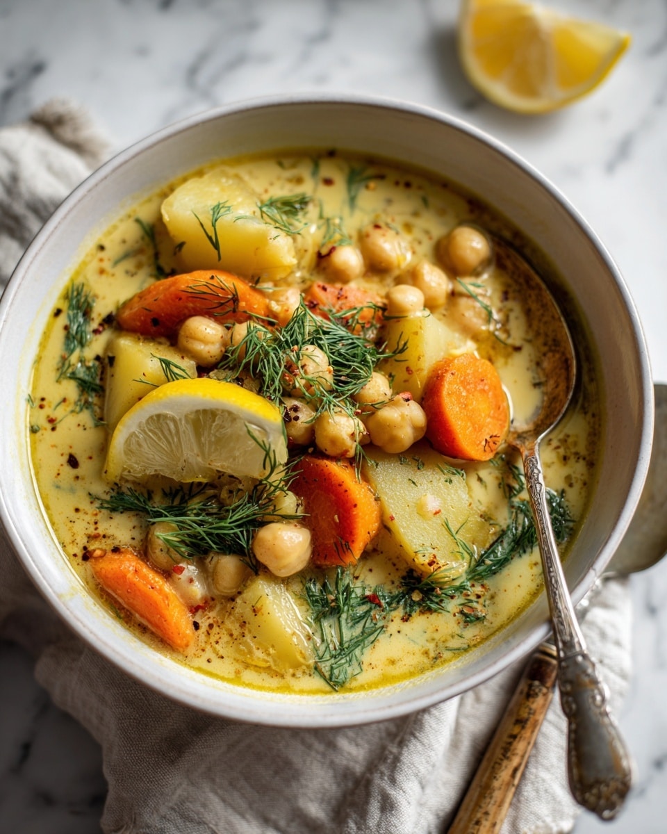 A white bowl filled with a creamy soup showing several layers: the base layer is thick and yellowish, studded with pale chickpeas and small potatoes. On top rests bright orange carrot slices and some lemon wedges positioned on the edge. Green herbs and dill are sprinkled generously across the surface, adding fresh color. A silver spoon with a rustic wooden handle lies beside the bowl. The bowl sits on a white marbled surface with a slight cloth napkin underneath and blurred elements in the background. Photo taken with an iphone --ar 4:5 --v 7