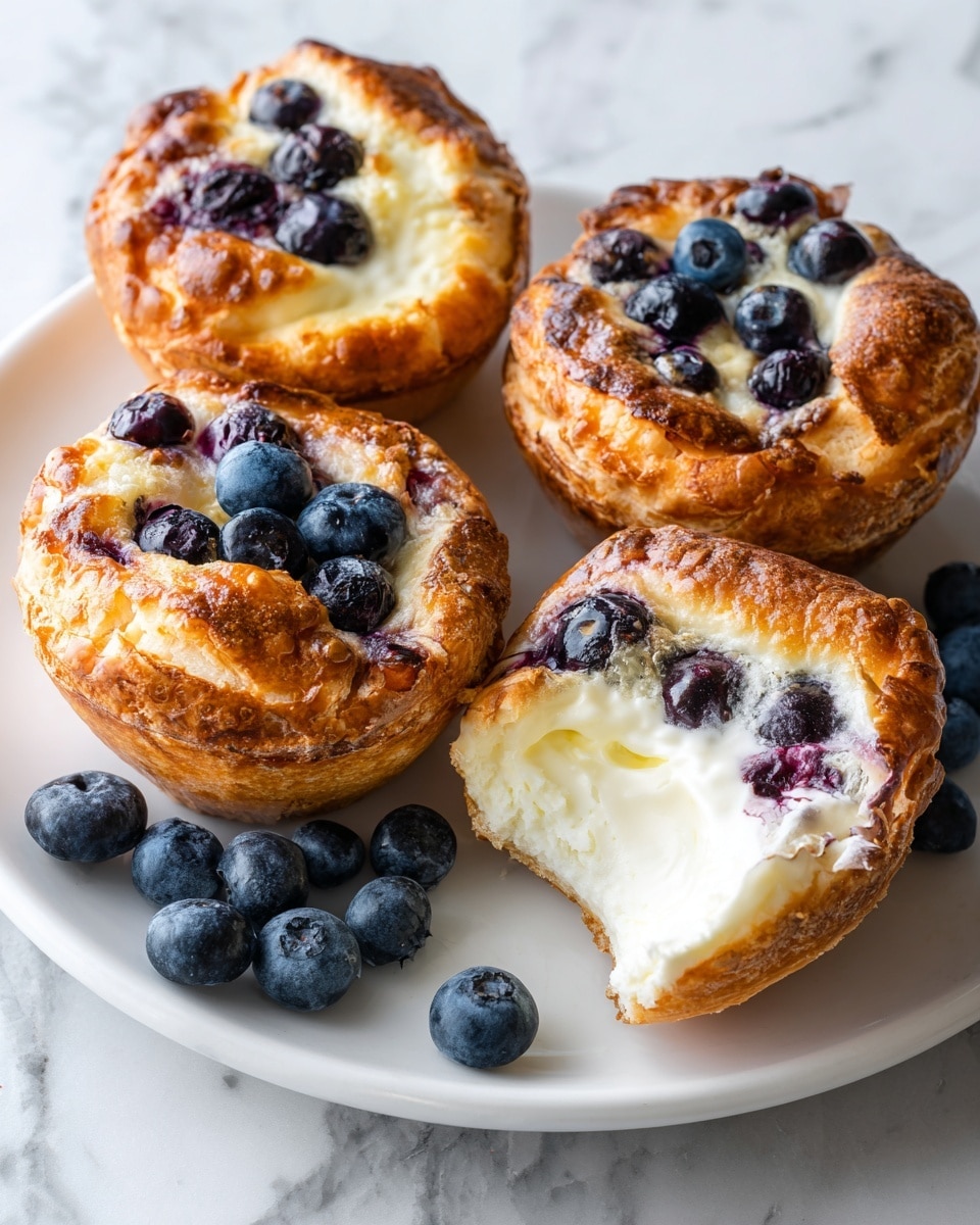 The image shows four round, golden-brown baked pastries on a white plate with a few loose blueberries beside them. Each pastry has a crispy, bubbly crust that is a warm caramel color on top. Below the crust is a creamy, white layer that looks soft and smooth. Scattered on and inside the pastries are plump, dark purple blueberries, some whole and some slightly crushed, releasing their juice into the white layer. One pastry at the front has a bite taken out, revealing the creamy inside texture with embedded blueberries. The plate sits on a wooden surface. photo taken with an iphone --ar 4:5 --v 7
