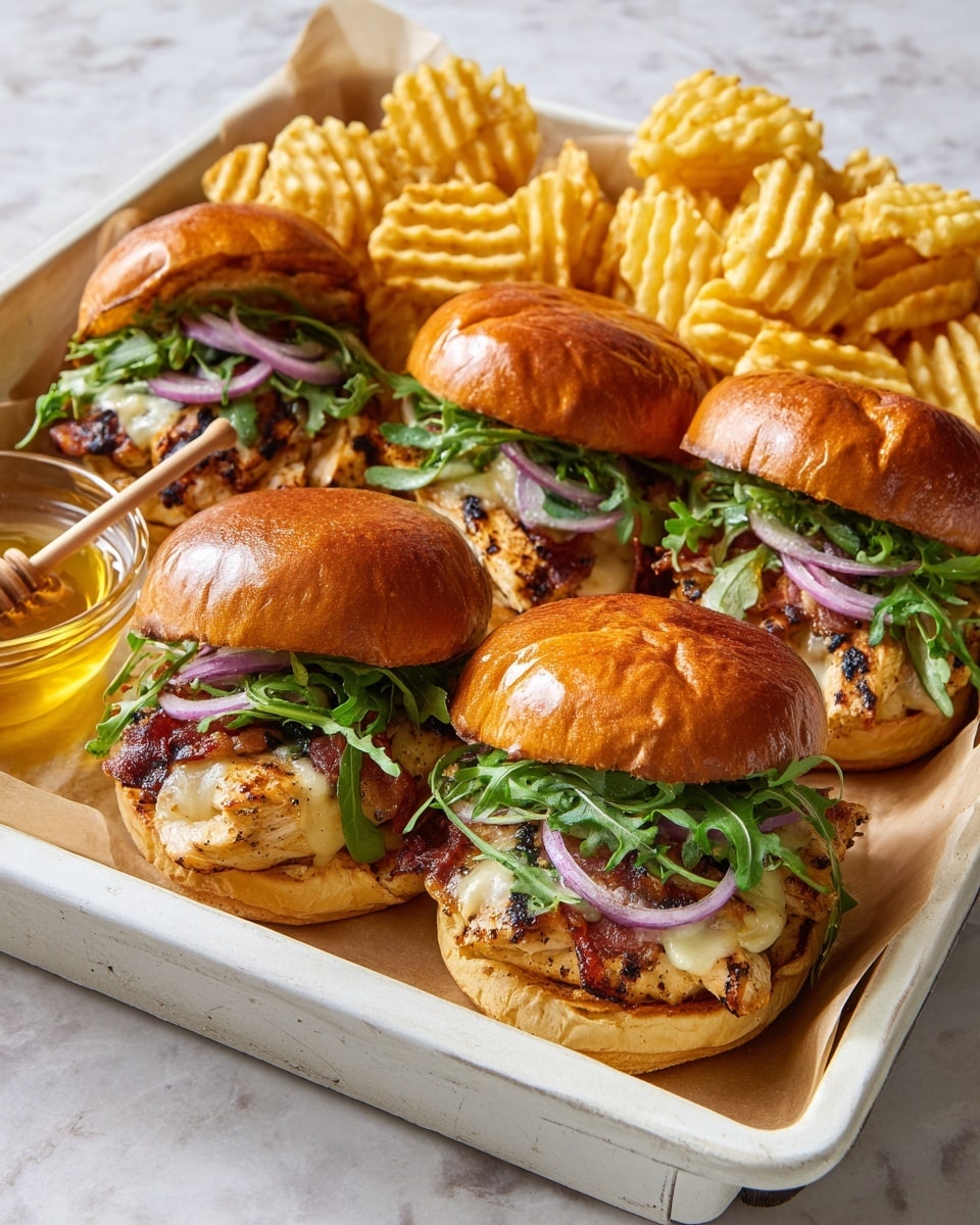 The image shows four chicken sandwiches arranged on a white paper-lined black tray with a small glass bowl of honey and a wooden honey dipper. Each sandwich has a shiny golden-brown bun on top, with layers inside including green arugula leaves, crispy bacon, purple grilled onions, light yellow melted cheese, and grilled chicken breast with a slightly charred texture. Surrounding the sandwiches are golden waffle fries with a crispy texture. The whole setup is placed on a white marbled surface. photo taken with an iphone --ar 4:5 --v 7