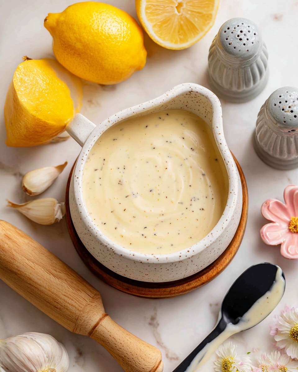 A creamy, light beige sauce with a smooth texture is held in a small, white speckled bowl with a spout, placed on a white marbled surface. Around the bowl, there are two halves of a bright yellow lemon, a wooden lemon squeezer, a whole garlic bulb, and two purple salt and pepper shakers. A pink, flower-shaped dish holds a black-handled spatula coated in the same creamy sauce. The scene is bright and clean, showcasing fresh ingredients and the thick sauce in the center. photo taken with an iphone --ar 4:5 --v 7